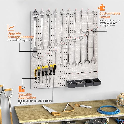 Miniatura 7 de Organizador de pared de tablero de clavijas de garaje, 2 piezas de 32 x 16 pulgadas, tablero de herramientas grande de acero resistente, tablero de