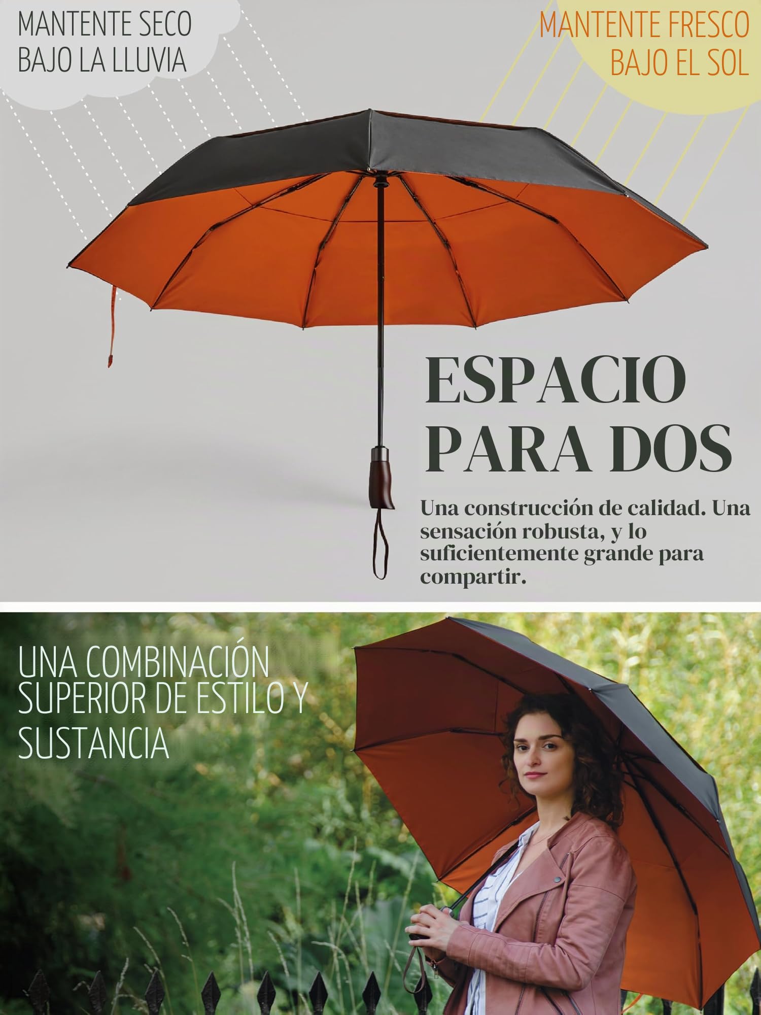 ENGLISH SUMMER Paraguas de lujo resistente al viento para la lluvia: fuerte, automático, doble ventilación, plegable portátil, toldo extragrande, calidad, mango de madera real