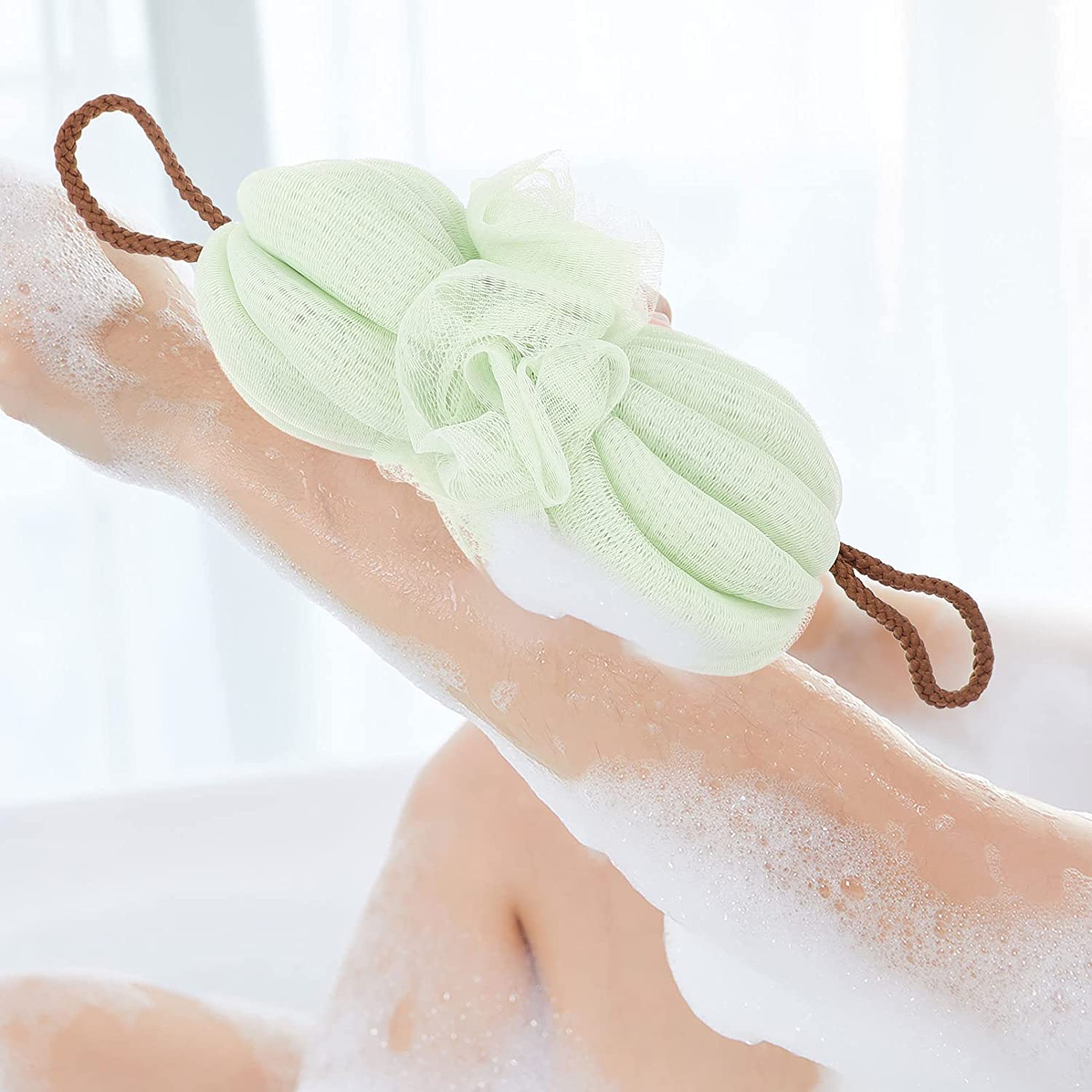 AKAZI 2 esponjas de Ducha de baño de Malla de lufa para Ducha, Bola de Ducha, Exfoliante Corporal, carbón Suave, Exfoliante Corporal con cordón para exfoliar la Piel, Verde (Azul) (Verde)