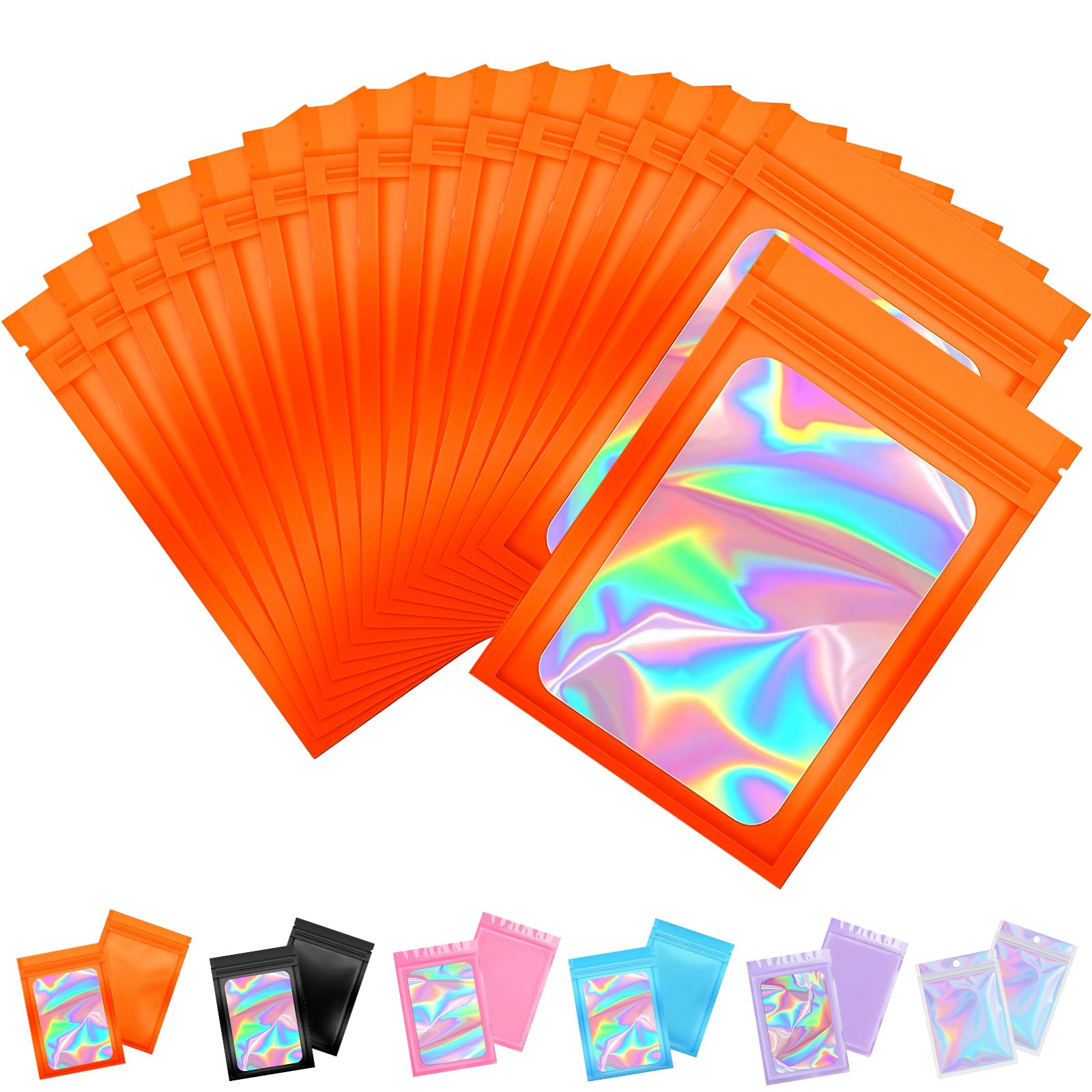 ATBEAMEN 100pcs Reusable Orange Mylar Holographic Bags, 7x10cm, Resealable Zipper, Smell Proof, Waterproof, Food Grade, Laminate Construction
