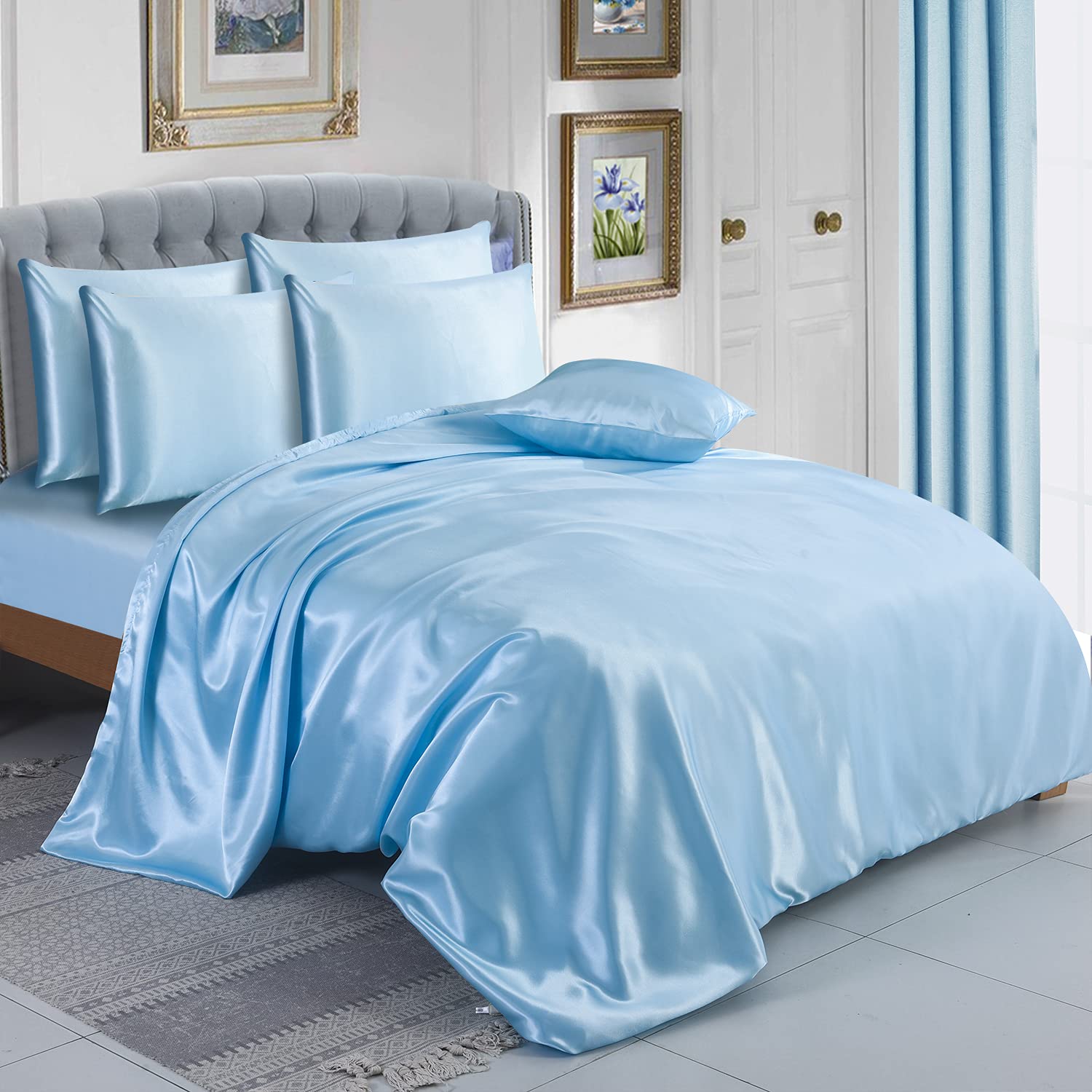 ZIMEL HOMES Six Pieces Satin Bedding Sets Duvet Cover, Fitted Sheet, 4 Pillowcases | Complete Silky Bedding Set (Sky, Super King) โ image 1
