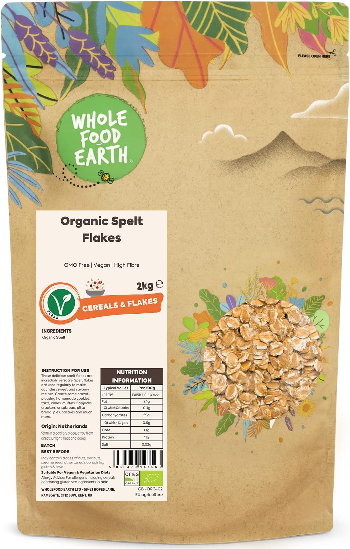 Organic Spelt Flakes – 2 kg | Vegan | GMO Free | High Fibre | Certified Organic