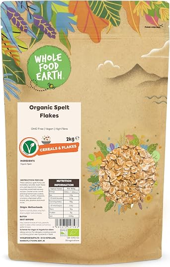 Wholefood Earth Organic Spelt Flakes   2 kg | Vegan | GMO Free | High Fibre | Certified Organic