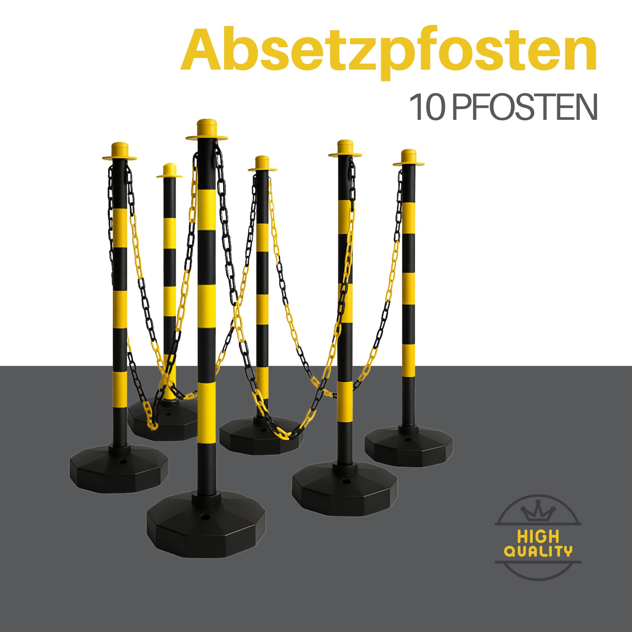 10er Set Absperrpfosten Gelb-Schwarz mit 44 m Kette – Robuste Absetzpfosten aus Kunststoff für Innen & Außen – Warnpfosten, Absperrband, Verkehrssicherung