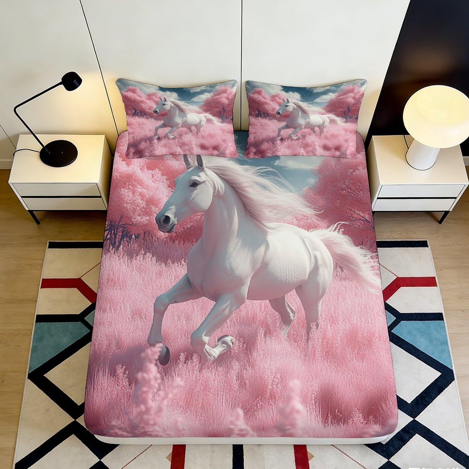 Pnayamiorkfel Style-2 3D Printed White Horse Fantasy Forest Fitted Sheet Microfiber Bedroom Decor Pink Mattress Cover Adult Kids 90X200x25cm