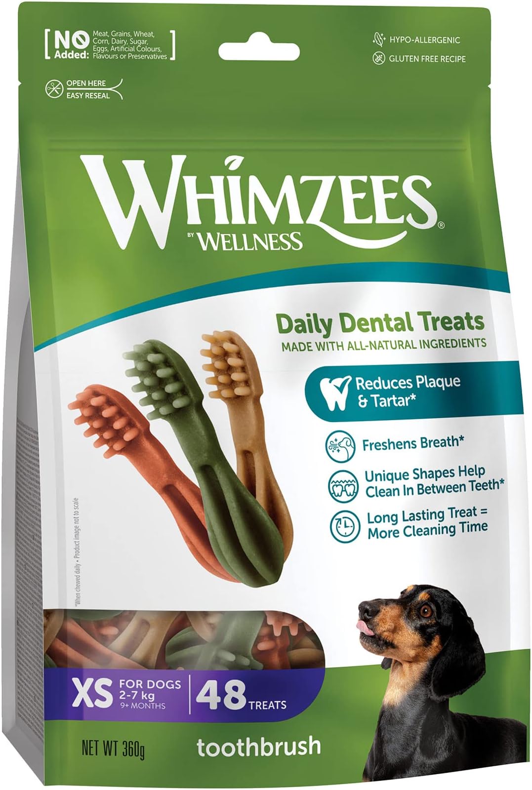 WHIMZEES Toothbrush XS, 48 Pieces – Dog Dental Stix, Size XS, Dog Dental Sticks for Extra Small Breeds, Natural and Grain Free, Rawhide-Free, Vegetarian, No Added Sugar