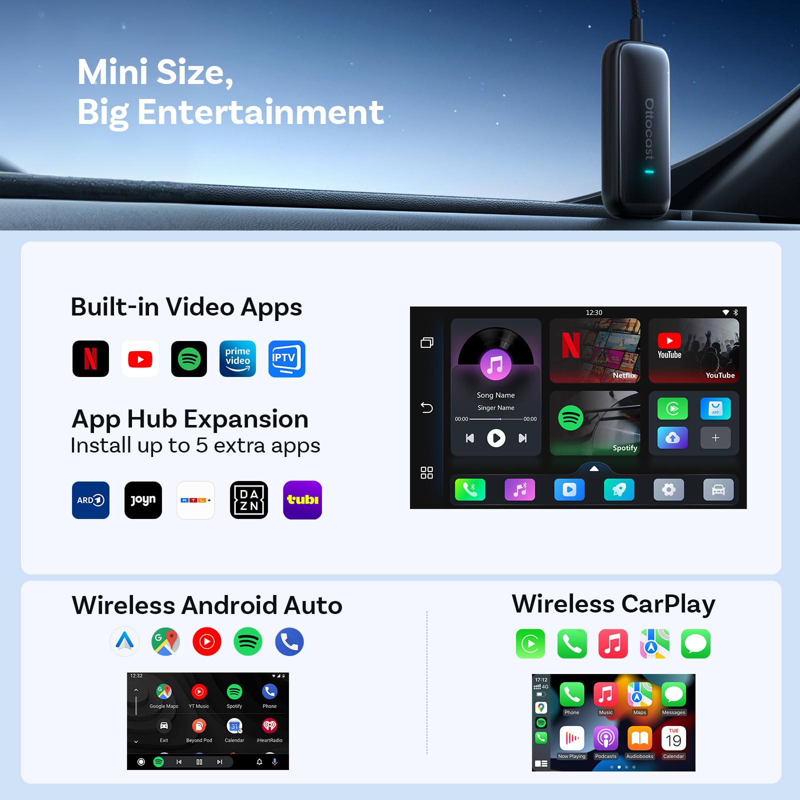 OTTOCAST Play2video Ultra 2026 AI Box, bezprzewodowy adapter samochodowy CarPlay i Android z YouTube, Prime Video, WiFi 6, Plug & Play, 4 GB + 32 GB do samochodów z przewodowym CarPlay od