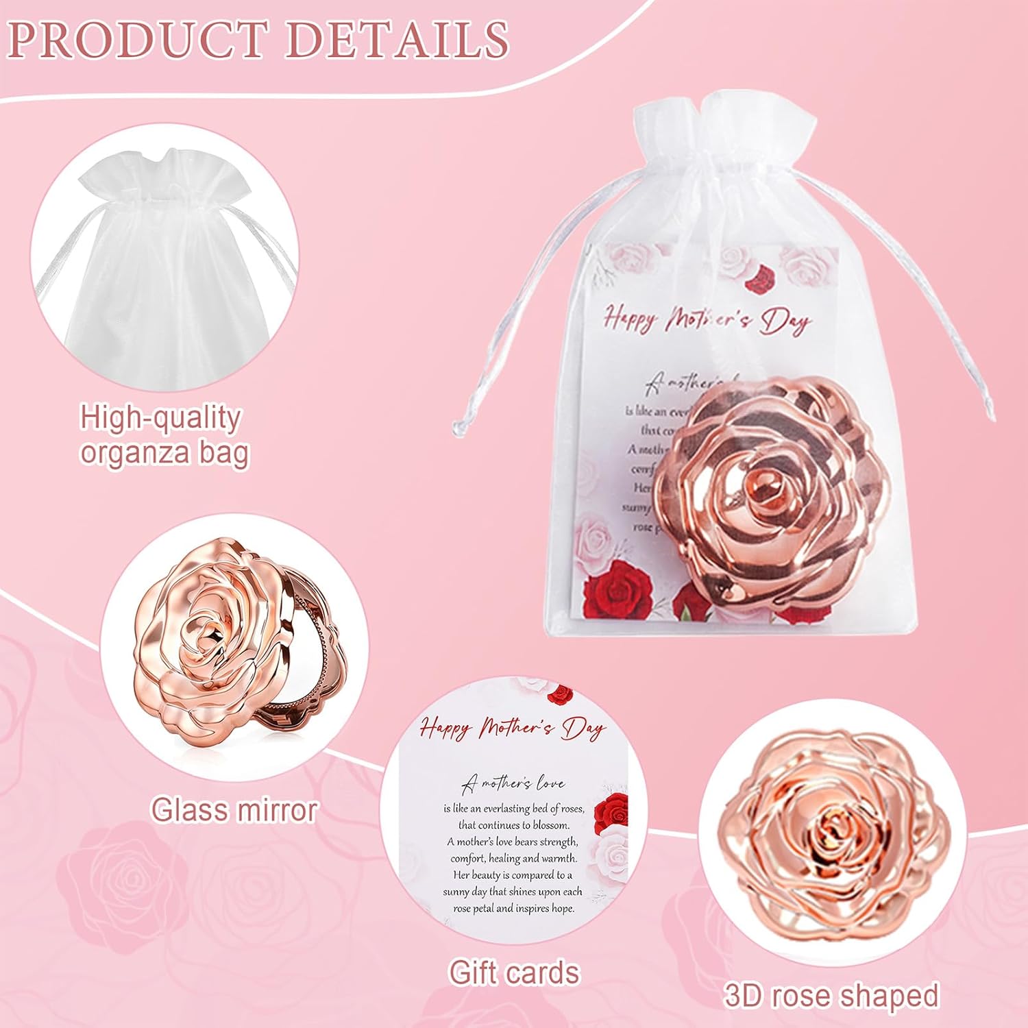 50 Sets Mother's Day Rose Compact Mirrors Gift Bulk Rose Shape Pocket Mirrors Thank You Cards White Organza Bags for Women Church Christian Office Souvenir Gifts