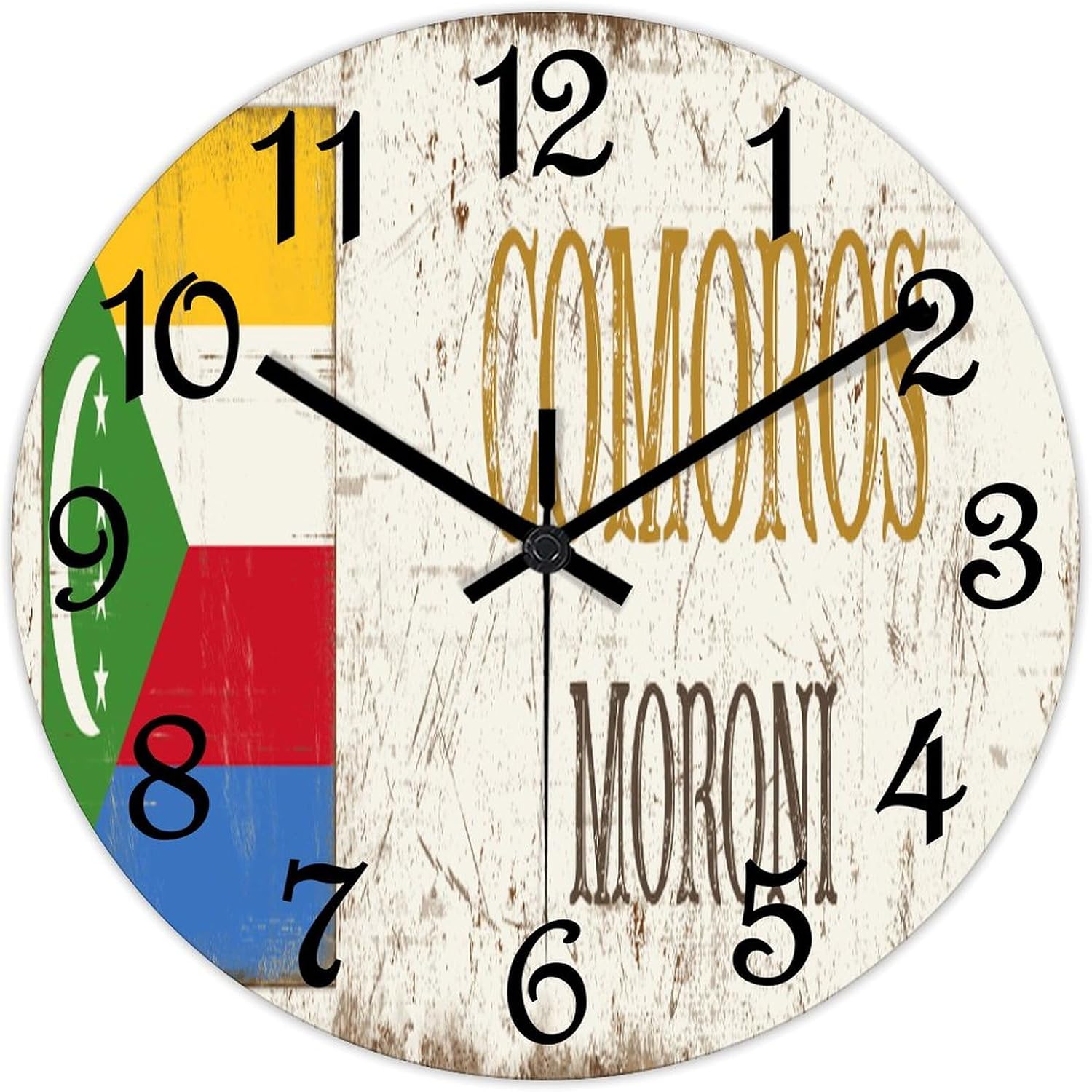 Comoros National Flag Round PVC Wall Clock Comoros Moroni Quiet Silent Wall Clock Aesthetic Decorative Clock for School Kitchen Office Wall Hanging 15 Inch
