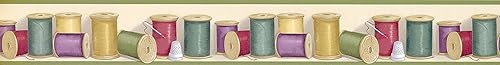 CONCORD WALLCOVERINGS ™ Papel Pintado Frontera Patrón Vintage Hilos De Coser Agujas Para Casa De Lavandería Casa Oficina, Crema Verde Rojo Amarillo,