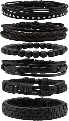 Eigso Unisex PU Leather Punk Bangles Cuff Set for Men Women Wooden Bead Link Braclet Snap Adjustable