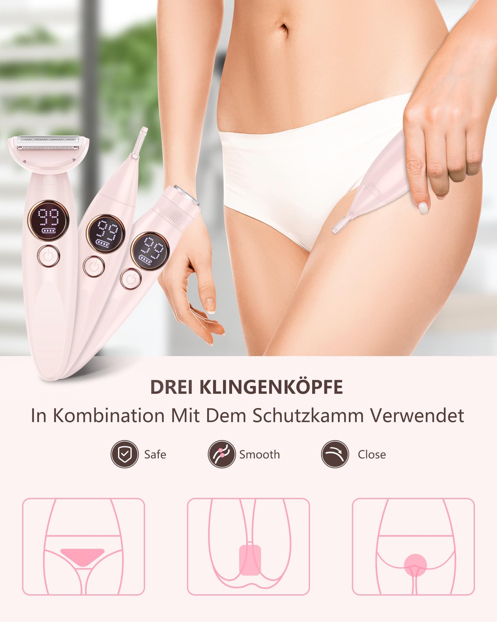 Rasierer Damen,3-In-1 Intimrasierer für Frauen,Gesichtshaarentferner für Frauen,Damenrasierer Elektrisch Nass-Trockenrasierer IPX7 Trimmer Damen,für Bikinizone Achseln Beine,USB-Aufladung,Rosa