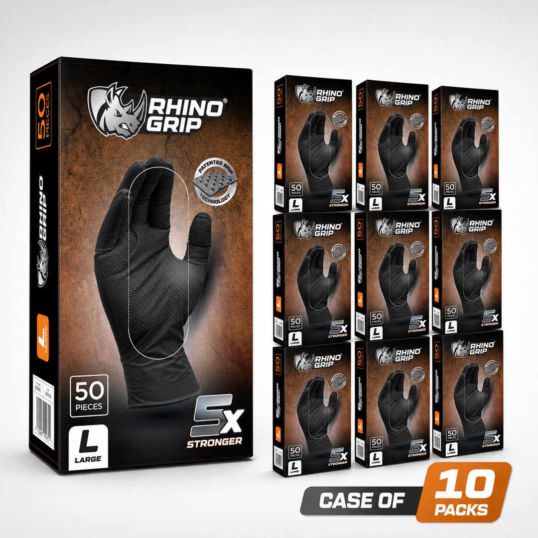 Nitrilhandschuhe, strapazierfähig, ultra-robust, Diamant-Grip, schwarz, puderfrei, 10 Packungen, Größe L