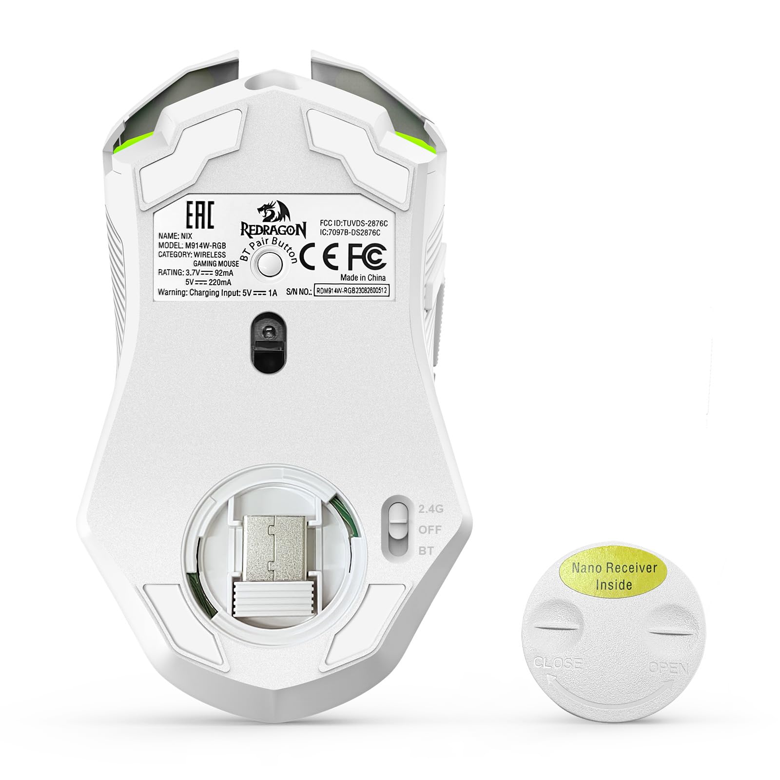Redragon Ratón inalámbrico para juegos, trimodo 2.4G/USB-C/Bluetooth, 10000 DPI, retroiluminación RGB, totalmente programable, mouse inalámbrico recargable para laptop, PC, Mac, blanco