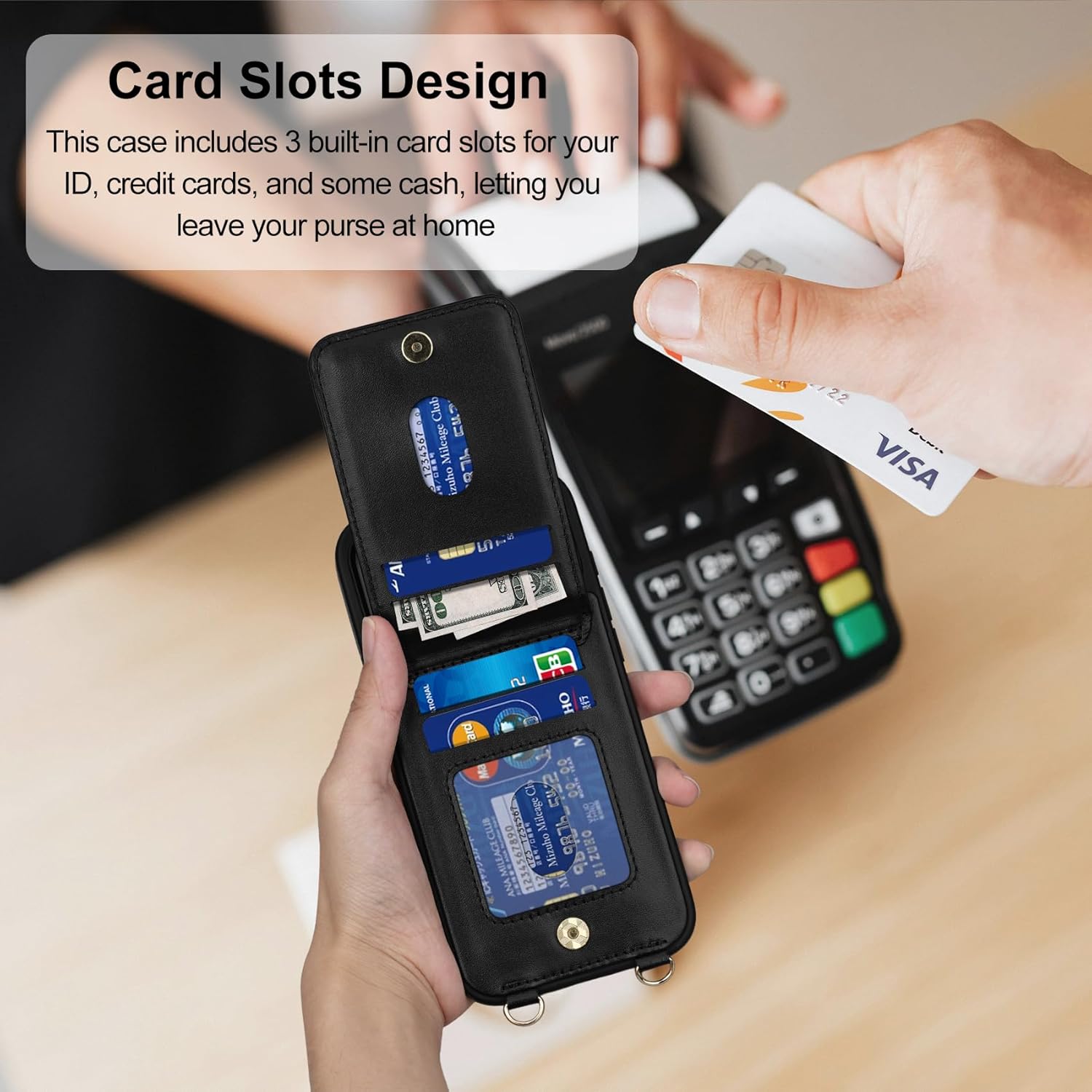 Keallce for iPhone 17 Pro Max Wallet Case with Crossbody Strap, 4 Credit Card Holder with RFID Blocking, Magnetic Closure iPhone Stand Flip Cover Shockproof for Women,6.9inch Black - Image 3