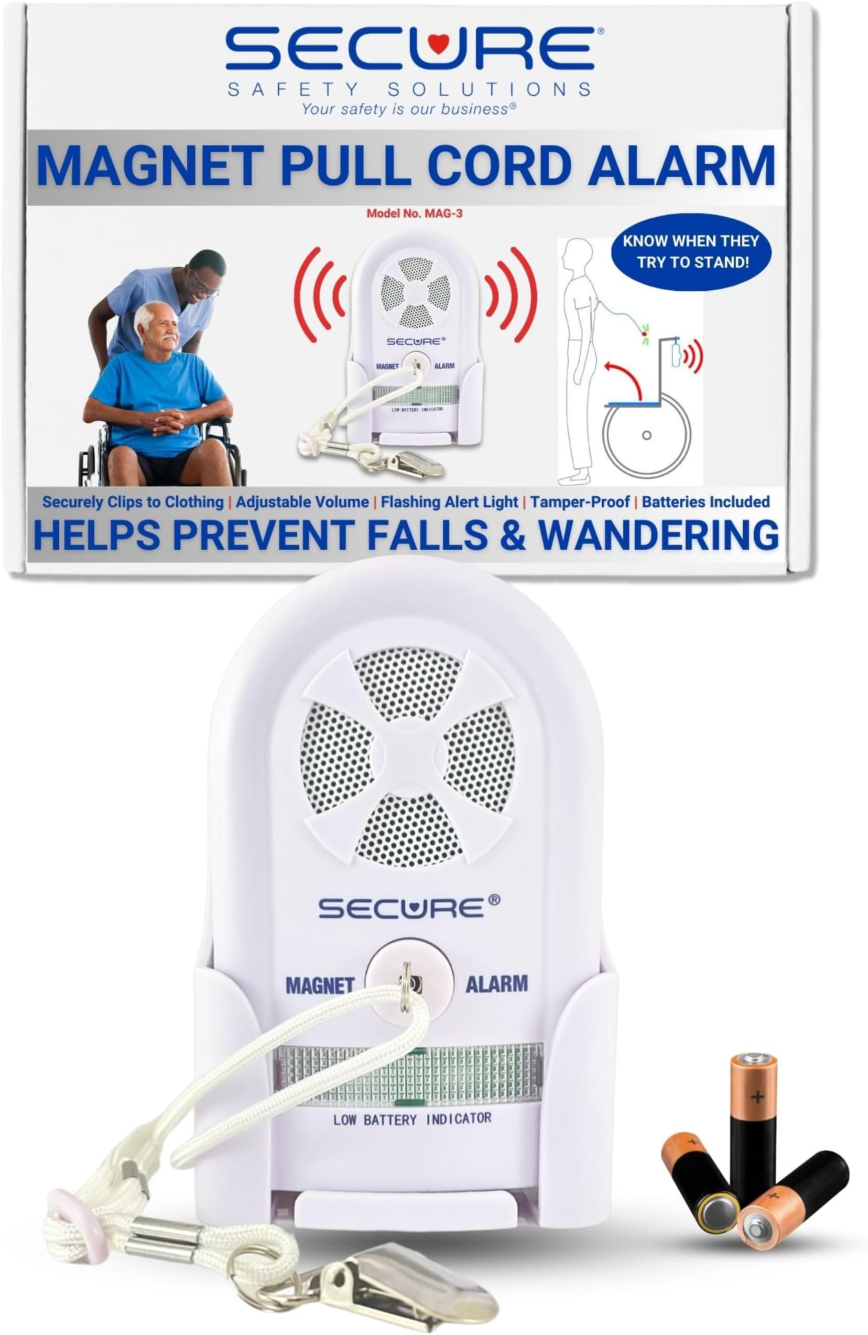 Secure Safety Solutions Magnet Pull Cord Chair and Bed Alarm for Elderly Adults - Fall Prevention for Dementia Patients, Caregiver Alert System, Seniors Room Wheelchair Monitor, Motion Sensor