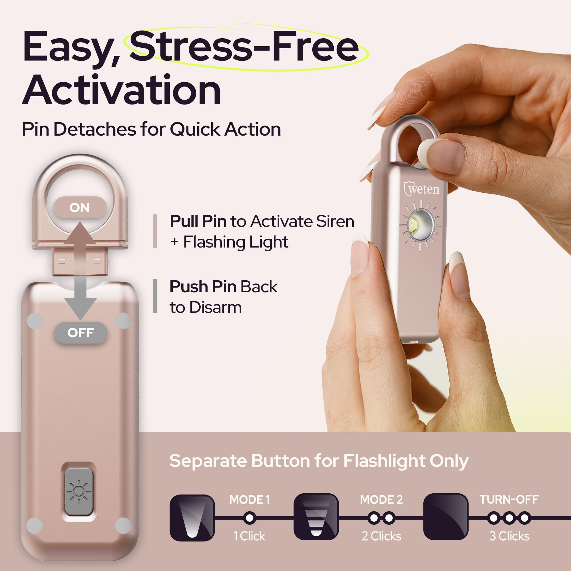 Weten Llavero de alarma de seguridad personal, sirena de 130 dB con altavoz inferior, luz LED, pulsera y clip de mosquetón, alarma de autodefensa resistente a la intemperie con alerta de batería baja