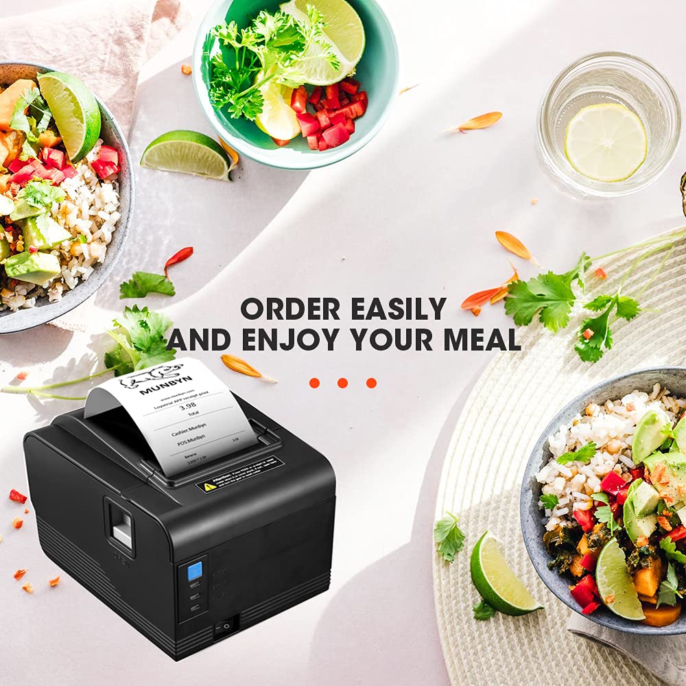 MUNBYN Bondrucker Thermodrucker/Quittungsdrucker 260mm / sek 80mm /Bon Ticketdruck/Ticketcode Thermodrucker/Auto-CU/mit USB Unterstützung für Küchendruck ITPP094