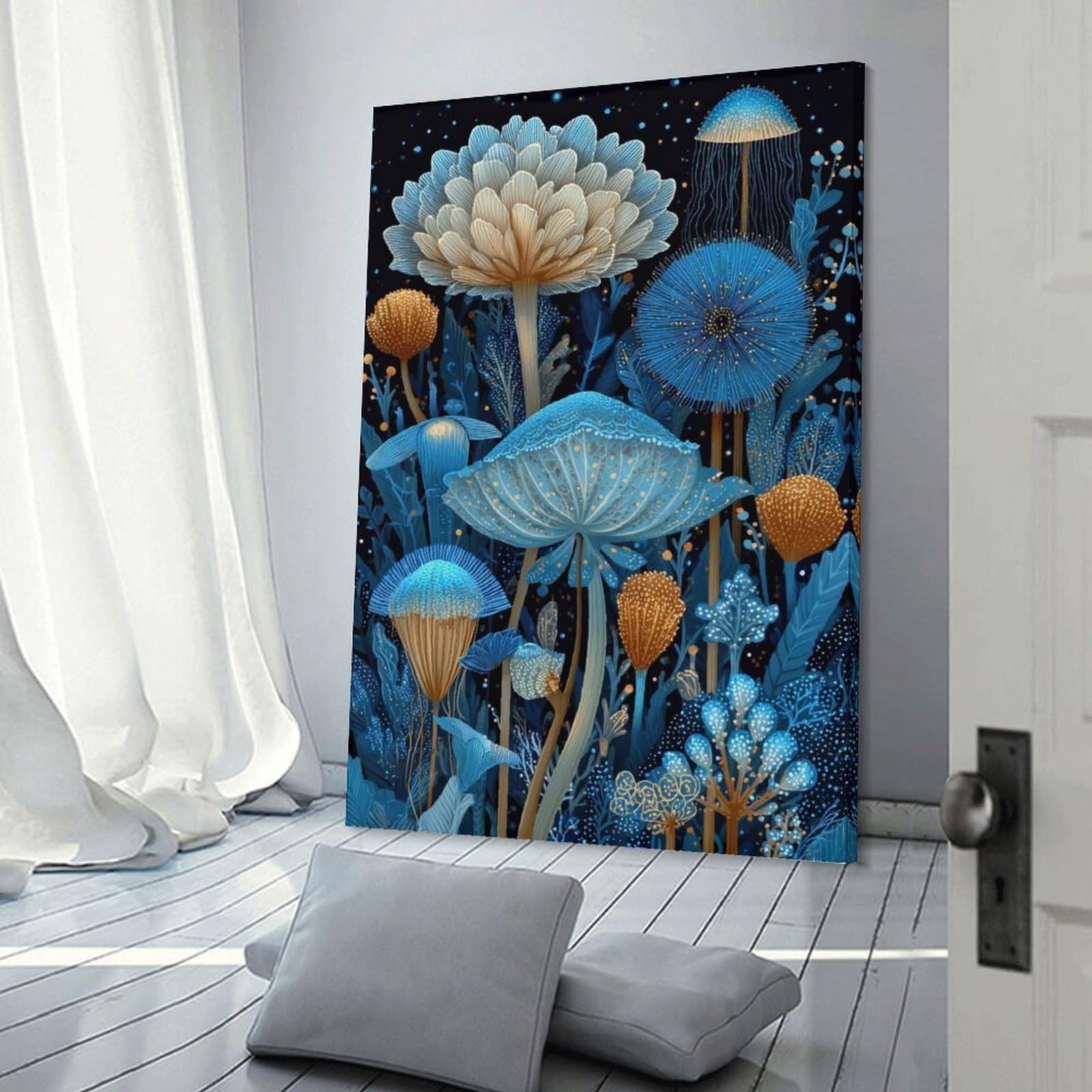 Junmoney Fantasy Mushroom Garden in Blue And Gold Canvas Art Print, 20x30inch(50x75cm), for Restful Interiors, Bedrooms Or Small Rooms, A Warm Accent for Relaxed Interiors
