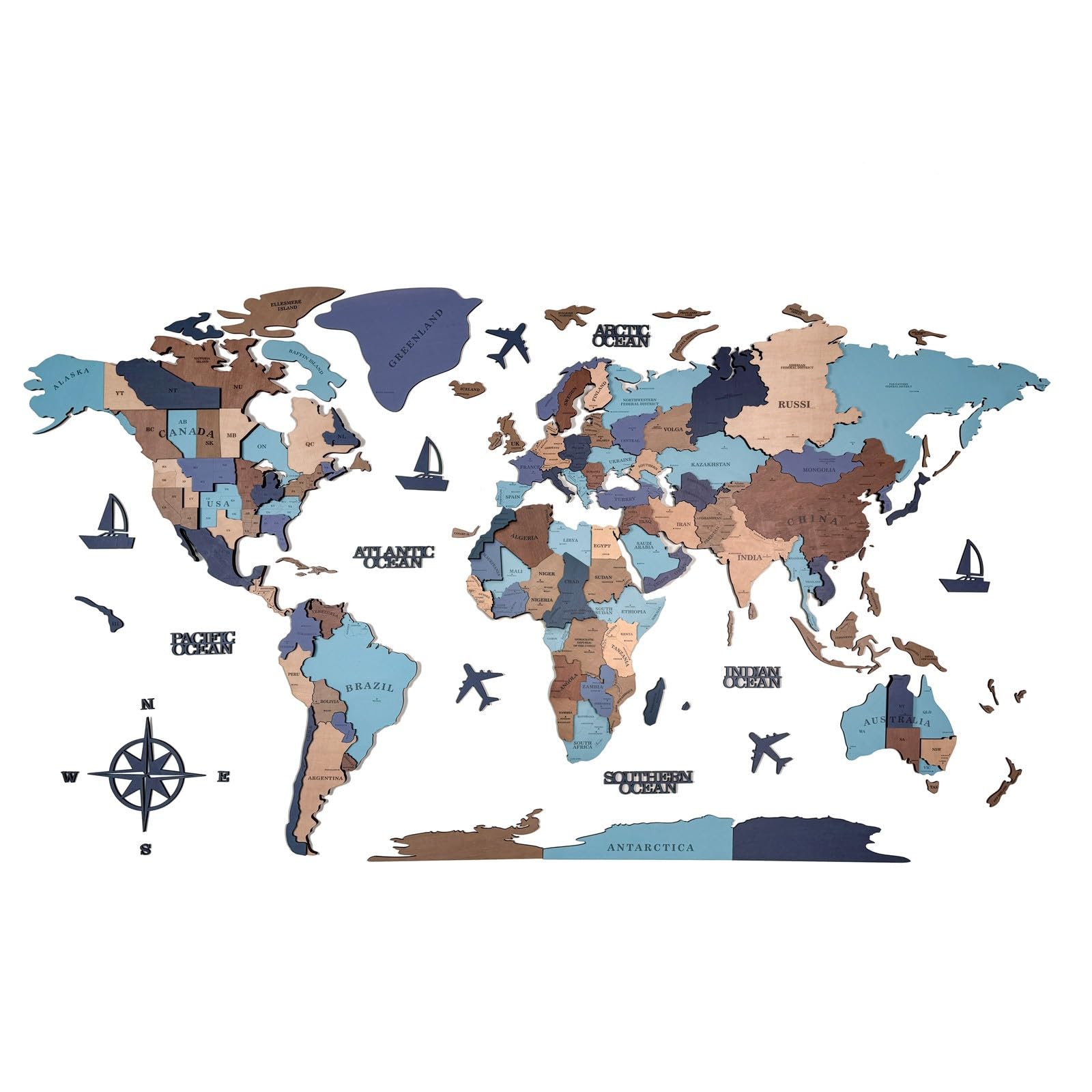 Drewniana Mapa Świata 3D, Duża Dekoracja Ścienna 3D, Nowoczesna Dekoracja Ścienna do Domu, Artystyczna Mapa Świata do Domu Lub Biura(Blue,250x142cm/98x56in)
