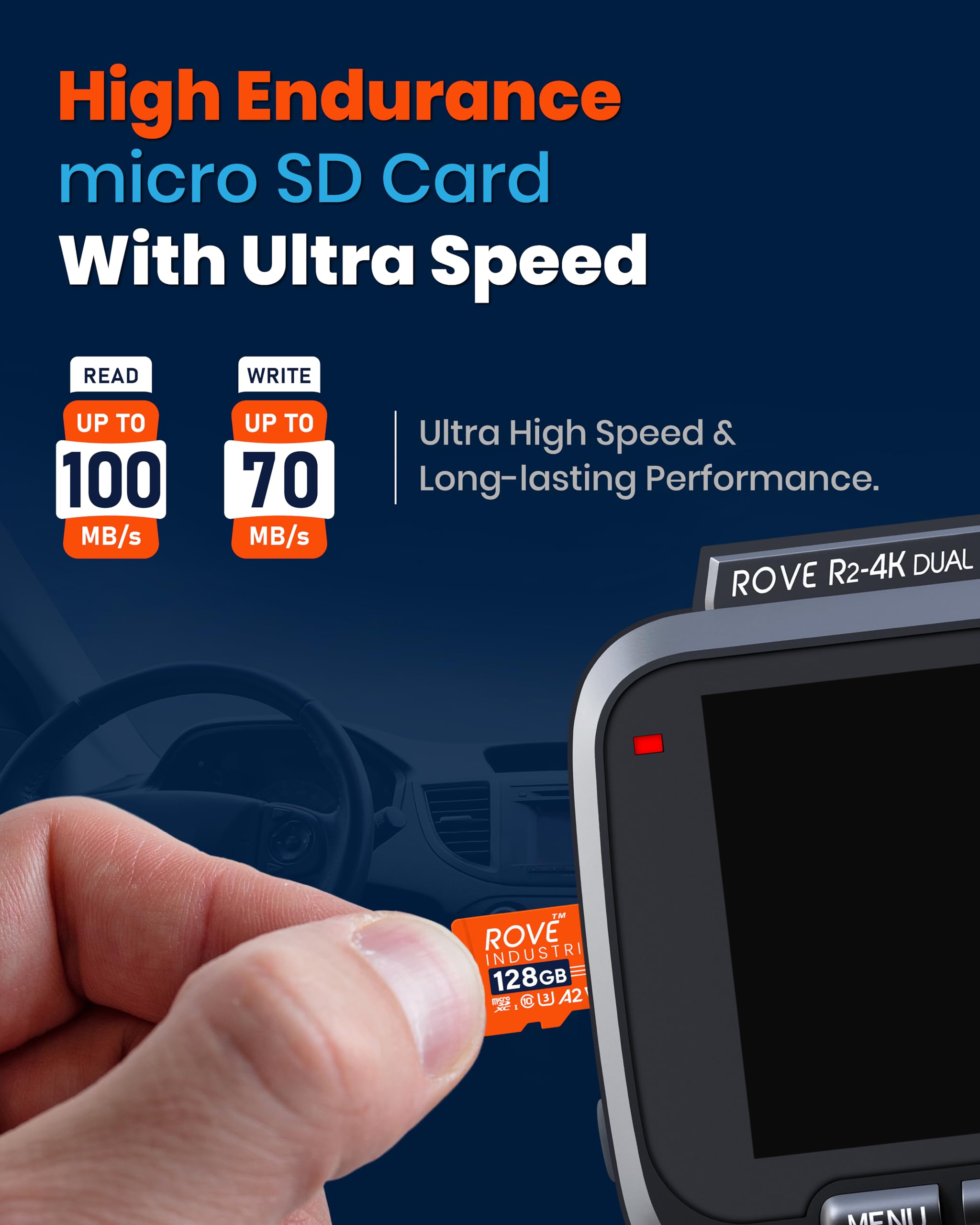 ROVE Tarjeta micro SD industrial de 128 GB con lector de tarjetas USB 3.0 tipo C, tarjeta de memoria microSDXC de alta resistencia de 100 MB/s, velocidad de lectura, C10, U3, V30, 4K, A2 para Dash Cam