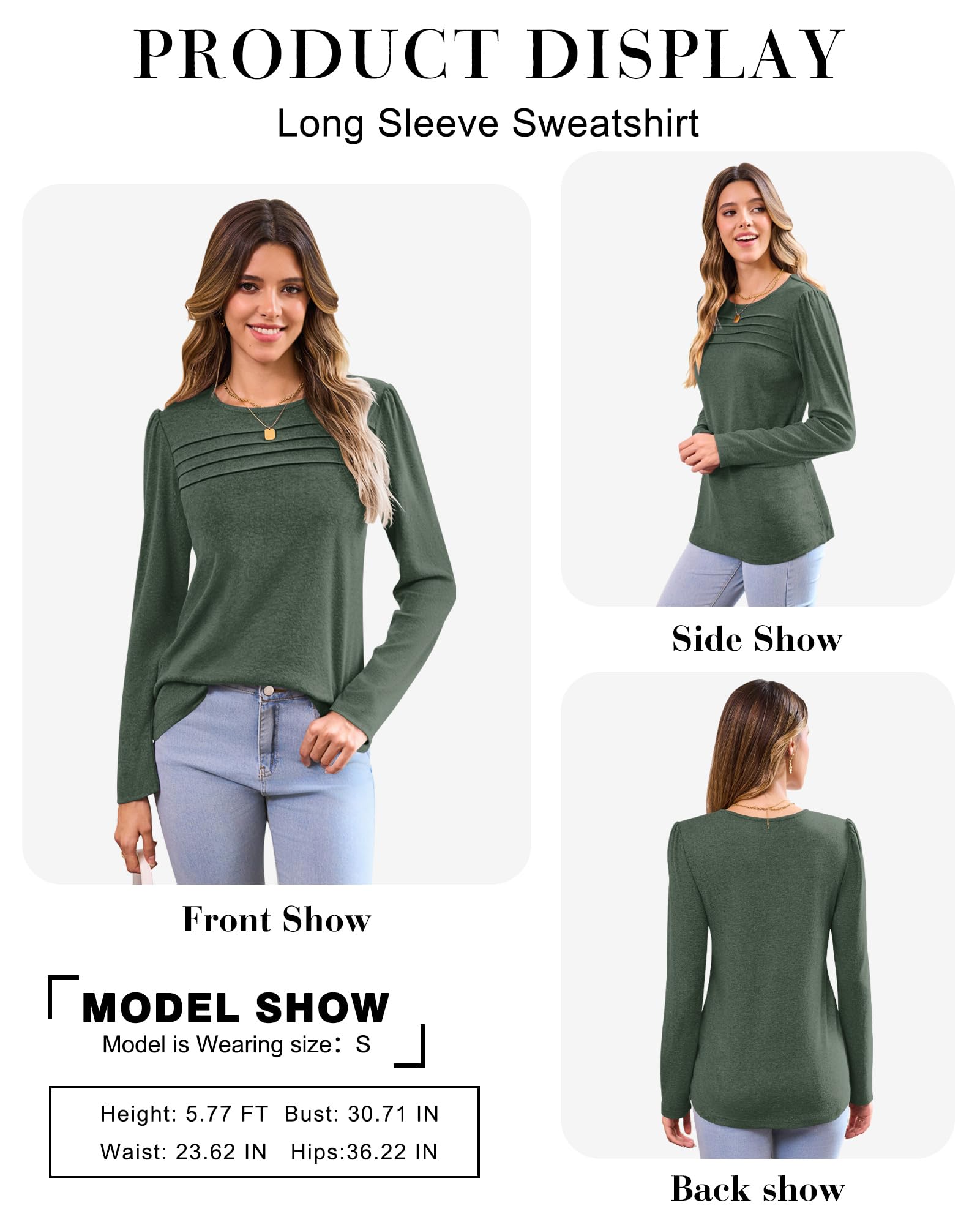 WNEEDU Sweatshirt Damen Langarmshirt Plissiert Rundhals Damen Pullover Top | Cloud Soft Sweatshirt Damen Biesen Falten Brust Elegante Schulter Details Vielseitiges Elegantes Oberteil Für Alltag