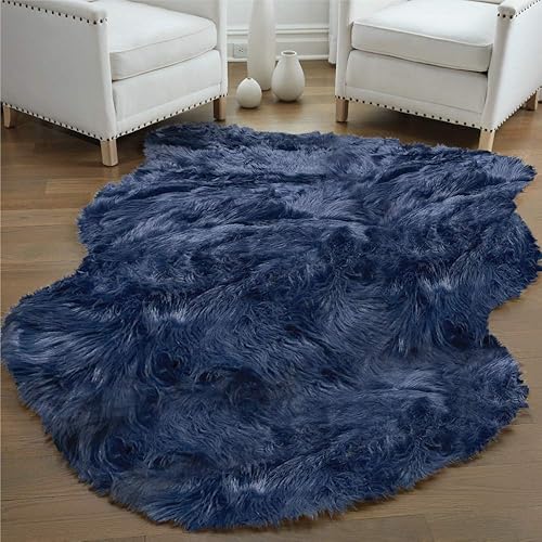 Gorilla Grip Thick Fluffy Faux Fur Washable Rug, Shag Carpet Rugs for Nursery Room, Bedroom, Luxury Home Decor, Soft Floor Plush Carpets, Durable Rubber Backing, Sheepskin, 4x6, Navy