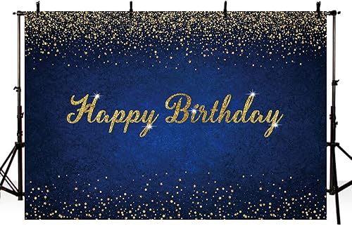 Miniatura 3 de MEHOFOND Telón de fondo azul y dorado de feliz cumpleaños con puntos dorados con purpurina azul real para mujeres, hombres y niños, decoración de