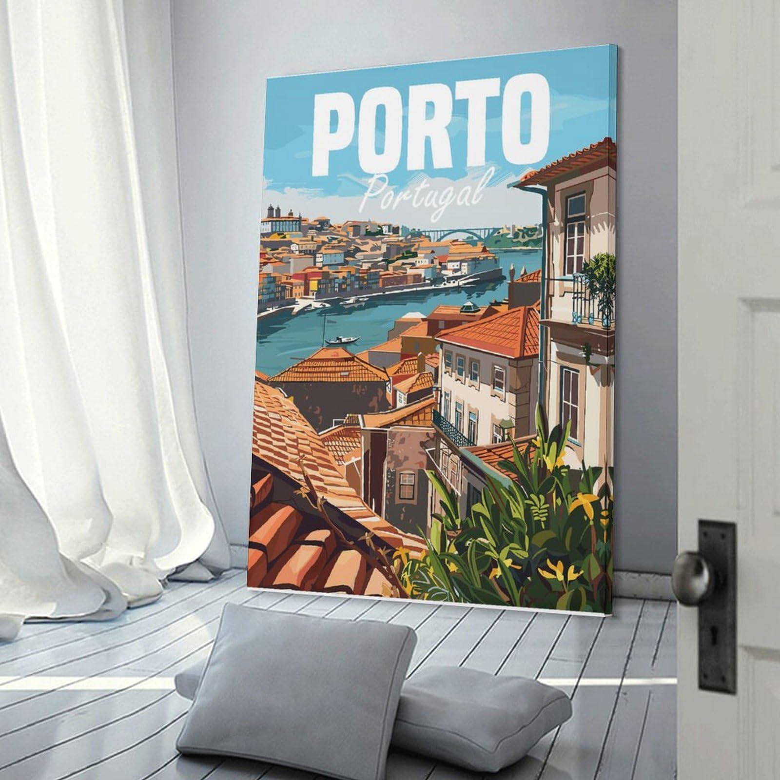 Junmoney Frame-Style-19 Decorative Wall Artwork Porto Cityscape Poster, 16X24inch(40X60cm), For New Homes, Bedrooms Or Workspaces, Canvas Artwork With Gifting Potential