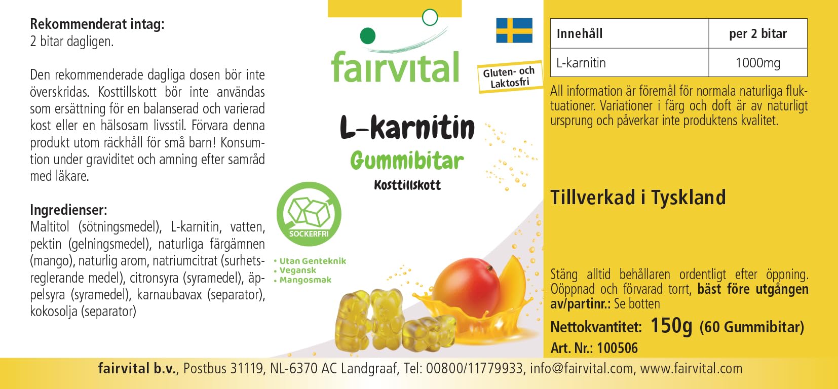 Fairvital | Żelki L-karnityna – 60 sztuk – 1000mg w dziennej dawce – smak mango – wysoka dawka – 100% wegańskie + bez cukru – sprawdzona jakość i wysoka dawka – wyprodukowane w Niemczech