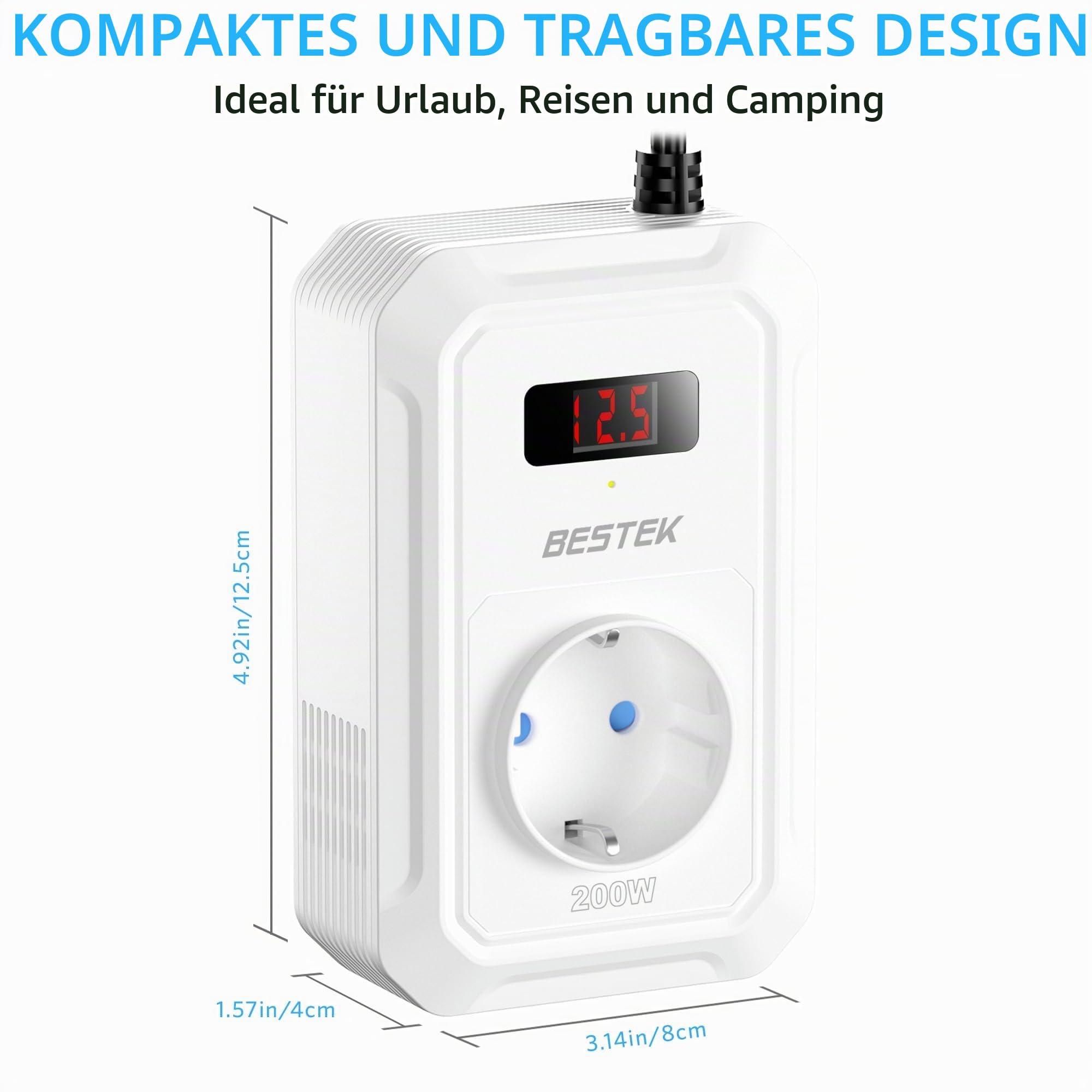 BESTEK 200 W Spannungswandler 12 V auf 240 V 230 V AC Auto-Wechselrichter, mit 3-pin Steckdosen, 2 18-W USB und 2 USB-C Anschlüssen Zigarettenanzünderstecker, von Laptops, iPhones, und mehr, Weiß
