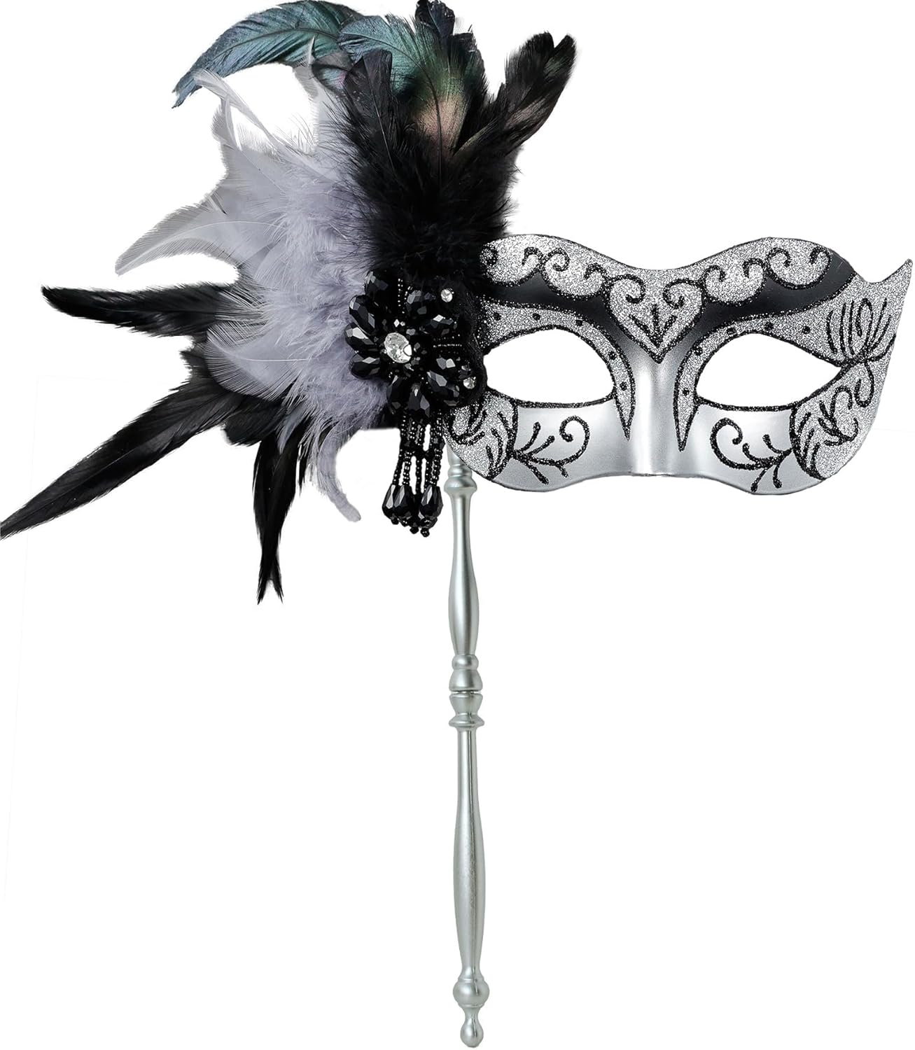 2025 New Masquerade Mask for Women with Stick - Shiny Women's Feather Mardi Gras Venetian Mask for Costume Accessory