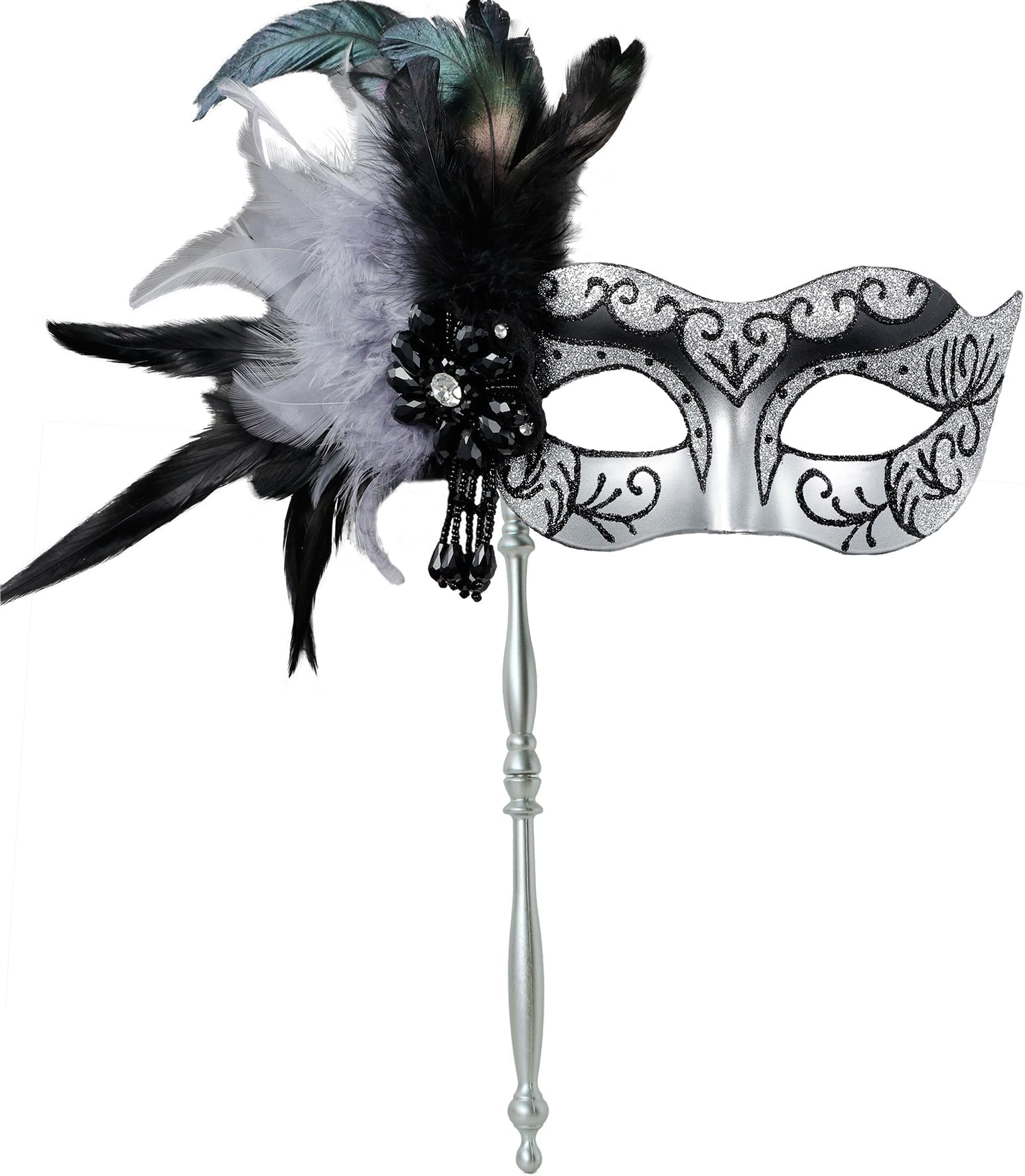 MYSEUNI 2024 New Masquerade Mask for Women with Stick - Shiny Women's Feather Mardi Gras Venetian Mask for Costume Accessory