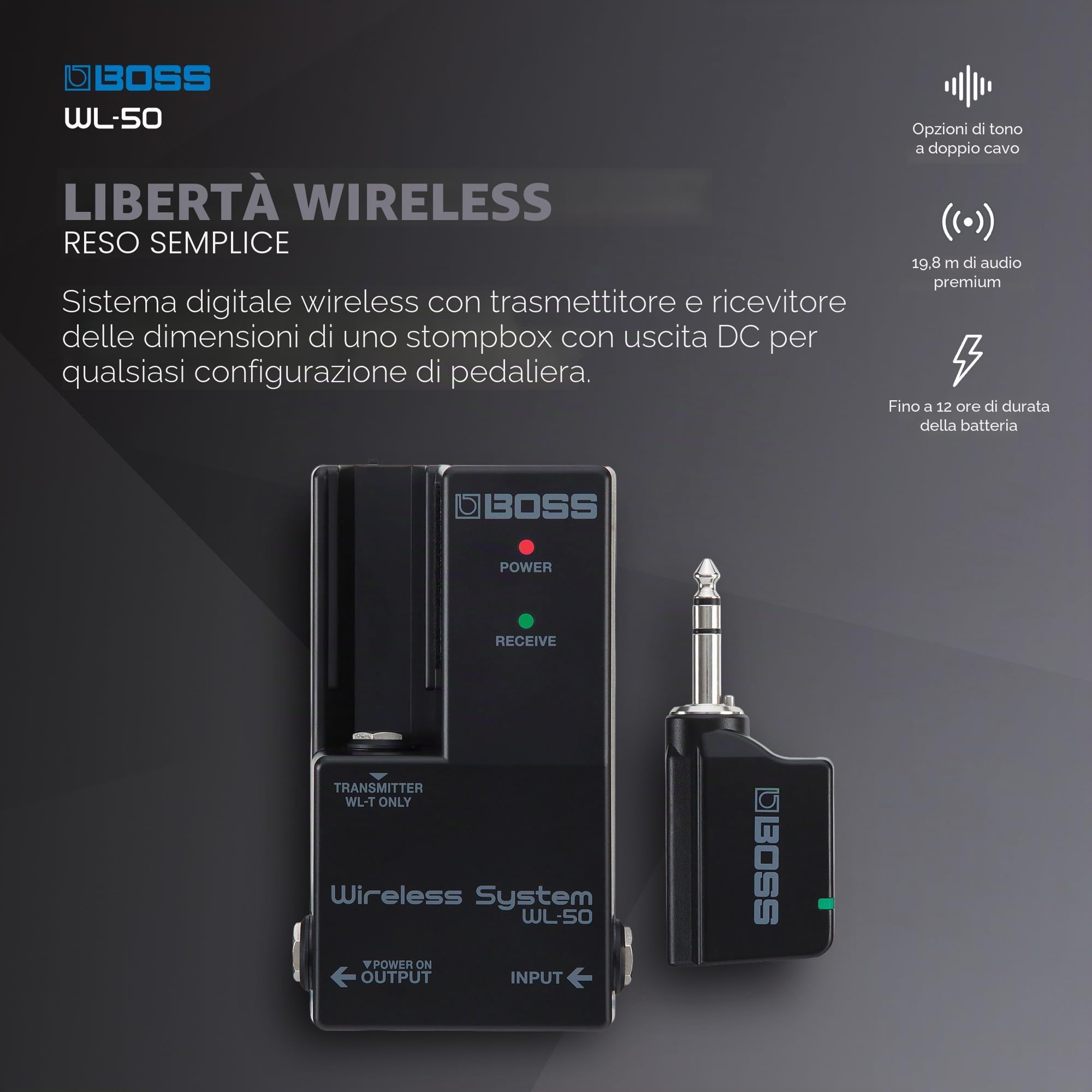 BOSS WL-50 Cavo virtuale wireless per pedaliere | Sistema wireless plug-&-play in formato pedale | Per la chitarra, il basso e altri strumenti elettronici | Simulazione del suono del cavo integrata