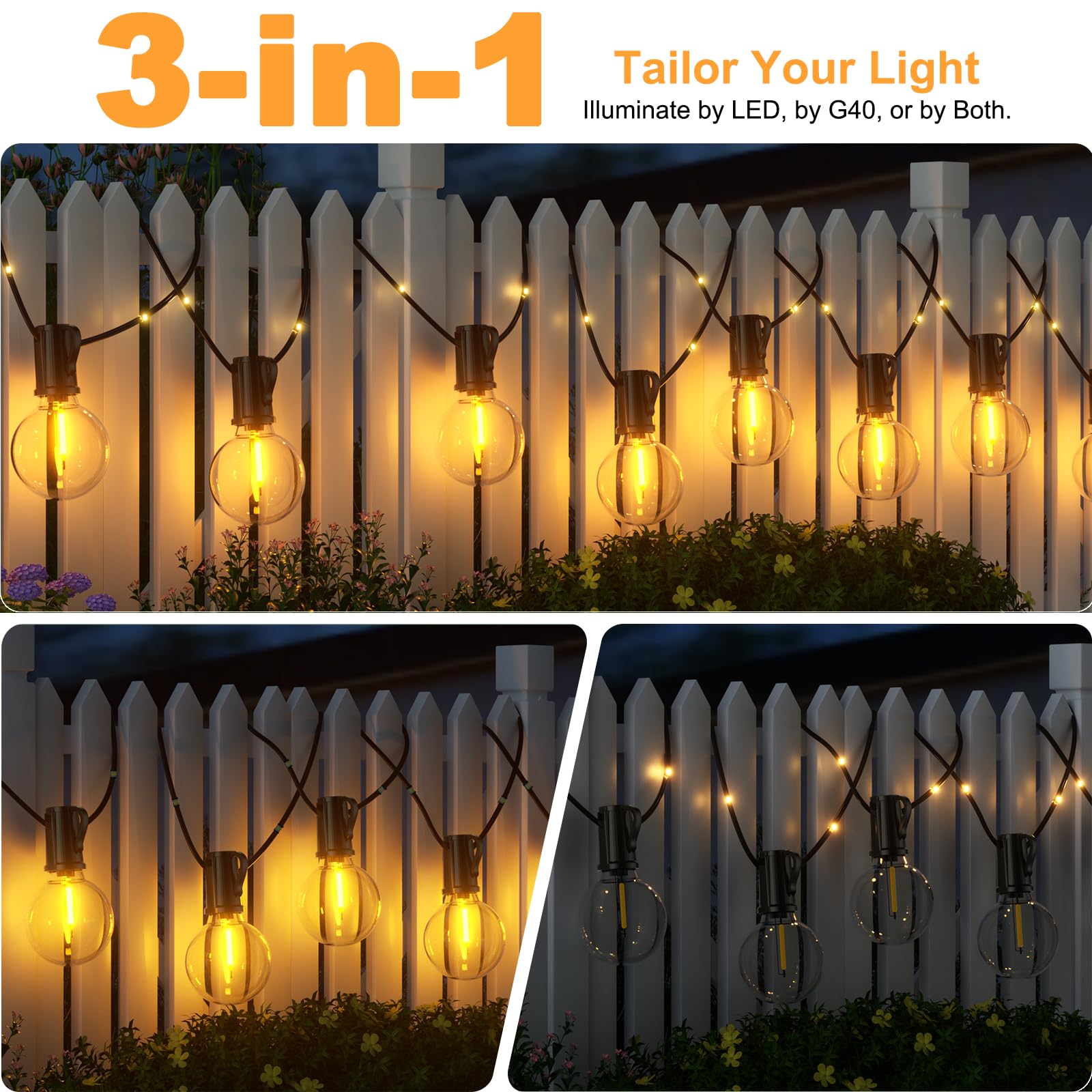 Guirnaldas Luces Exterior Solar, 12M/39.4Ft Lámparas Solares de Jardín Luces con 14+1 G40 Bombillas y 26 Perlas LED, 19 Modos Impermeable Guirnalda Solares para Jardín, Terraza, Navidad, Fiesta