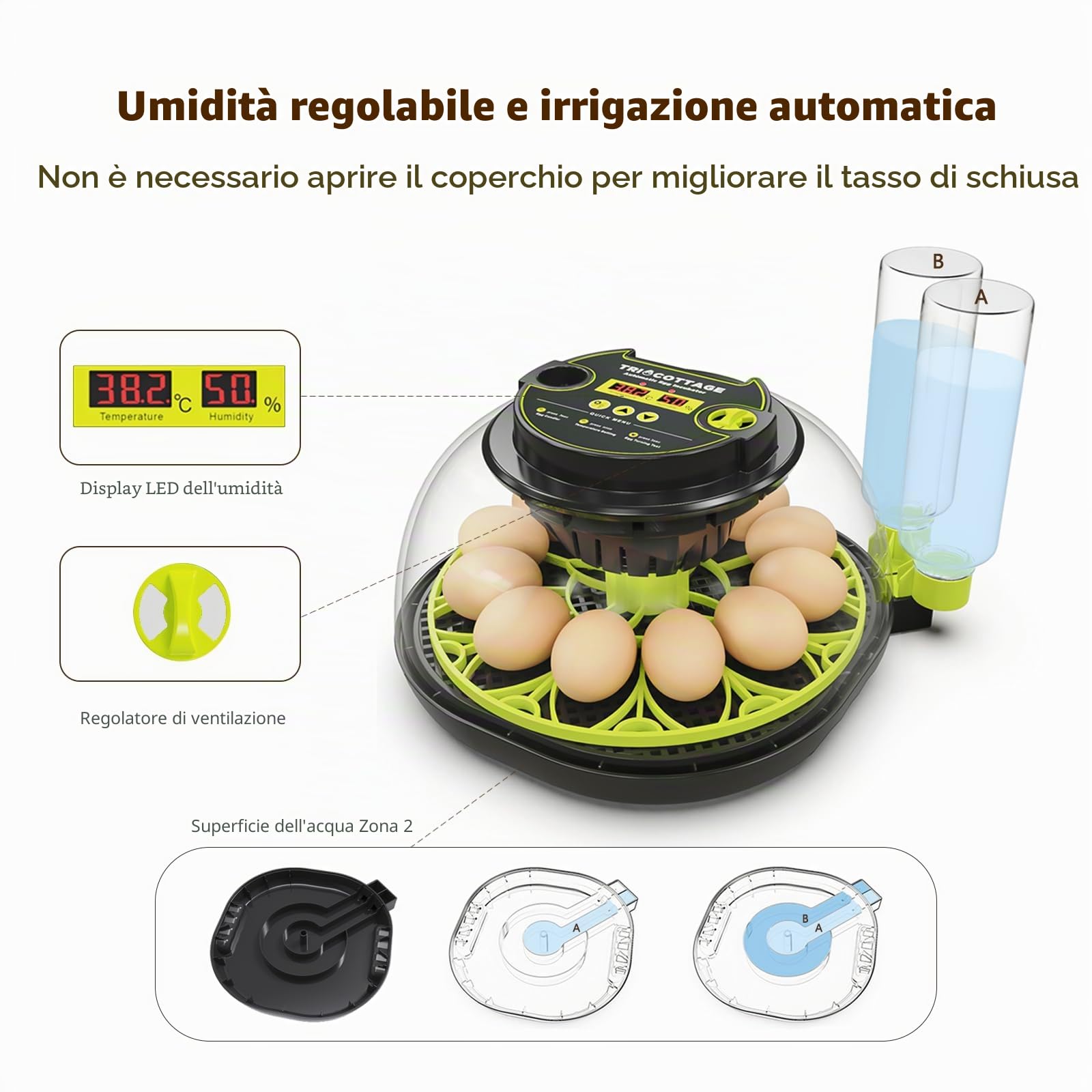 Incubatrice Automatica per 12 Uova con Umidità, Alimentazione Acqua, Rotazione Automatica delle Uova e Controllo della Temperatura per Polli, Quaglie, Anatre e Uova di Pollame.