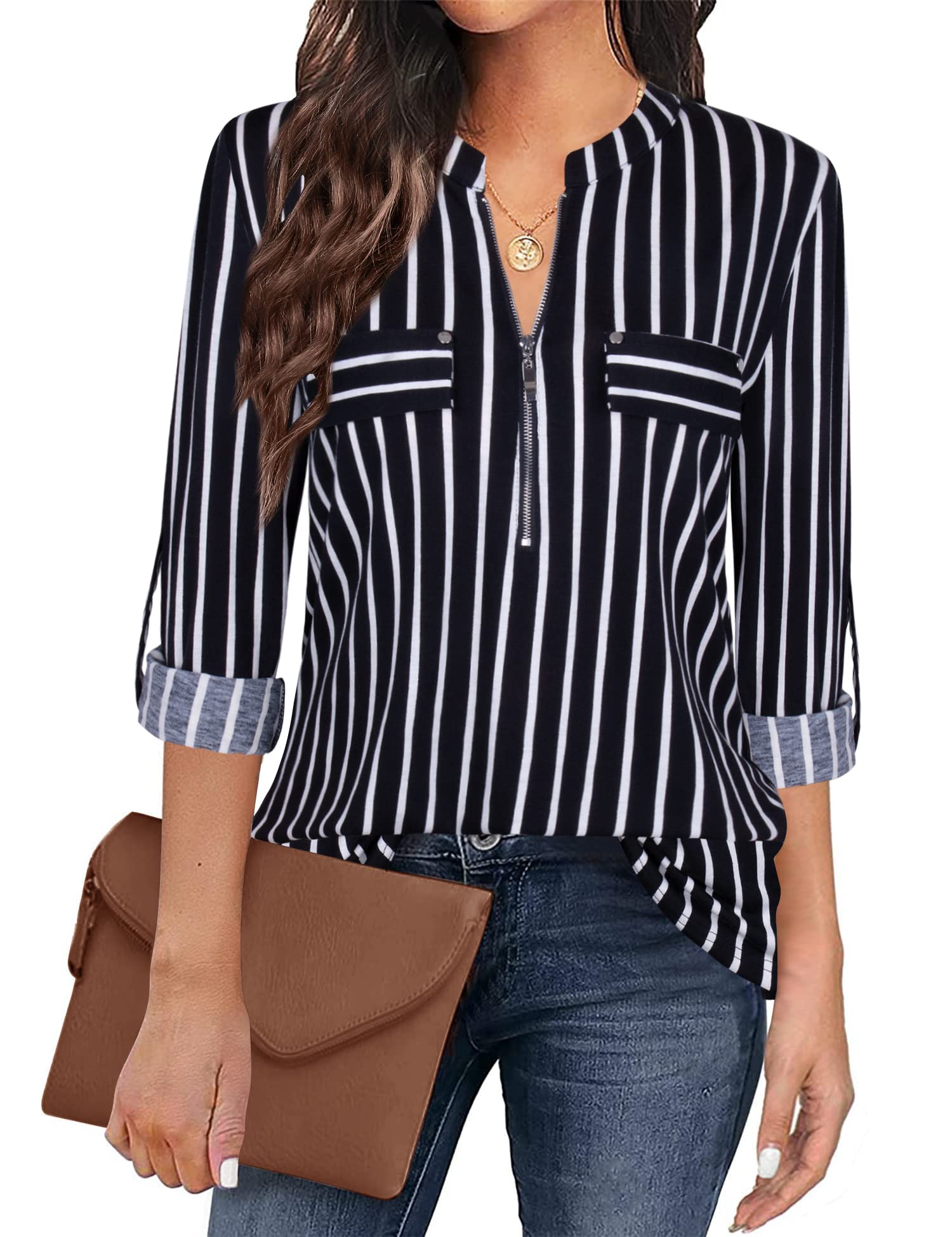 Siddhe Damen V-Ausschnitt Bluse 3/4 Ärmel Tunika mit Reißverschluss Elegant Longbluse Lange Shirt Casual Langarm Top Shirt Oberteil