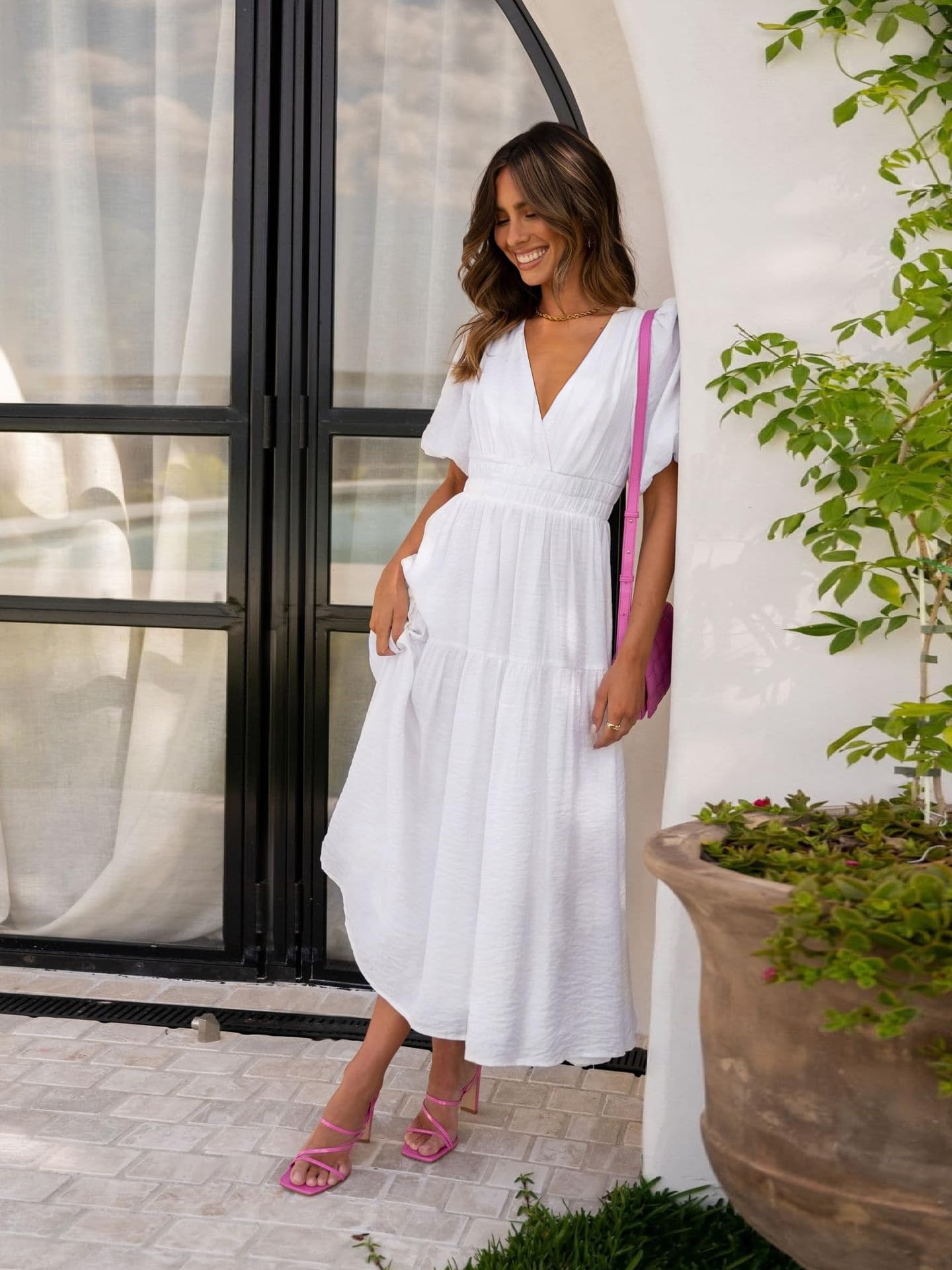 MessBebe Maxi abito estivo da donna, con maniche a sbuffo, scollo a V, stile boho, per feste, spiaggia, balze, fluido, lungo, con punto smock