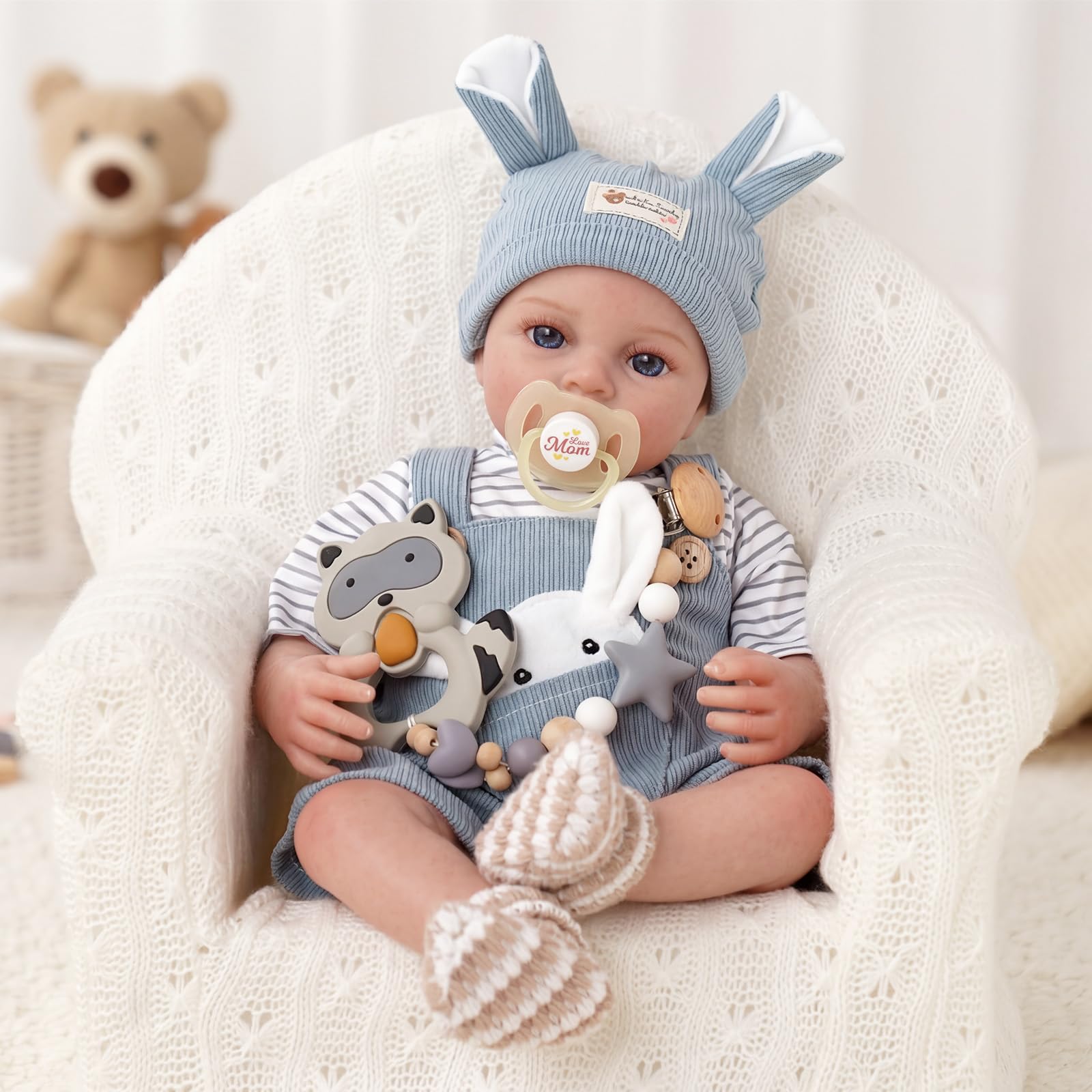 BABESIDE Reborn Bambola - 43 cm Bambole Realistica corpo in Cotone, Testa e Arti in Vinile - Bambolotto Maschio include Vestiti e Accessori, Adatta a Bambini dai 3 Anni+