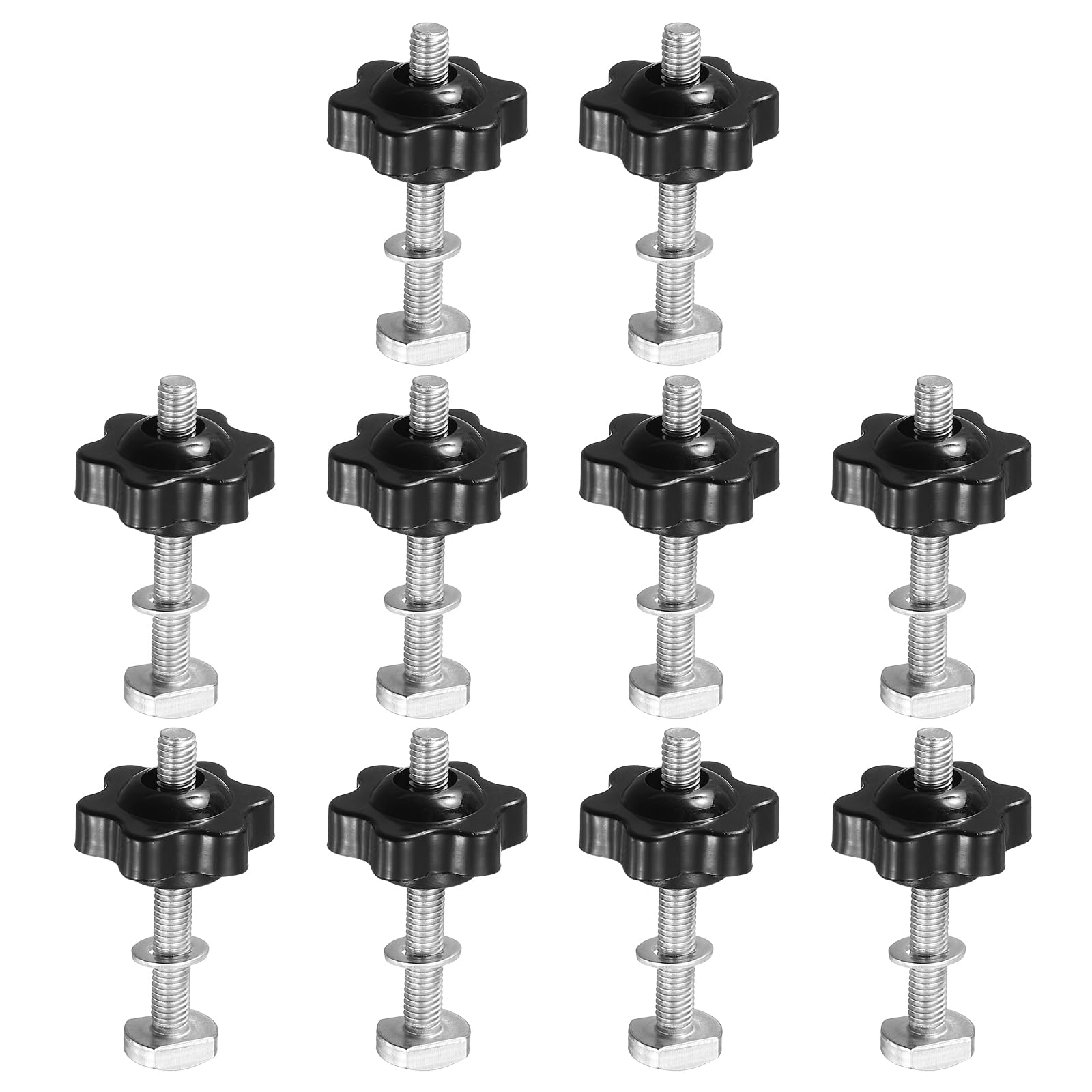 PATIKIL t Track Bolts Knob Kit, 10 Set M5 x 40mm x 25mm Threaded Bolts with Washers and 6-Star Knobs Nuts t Track Accessories for Woodworking Jigs and Fixtures, Silver Black