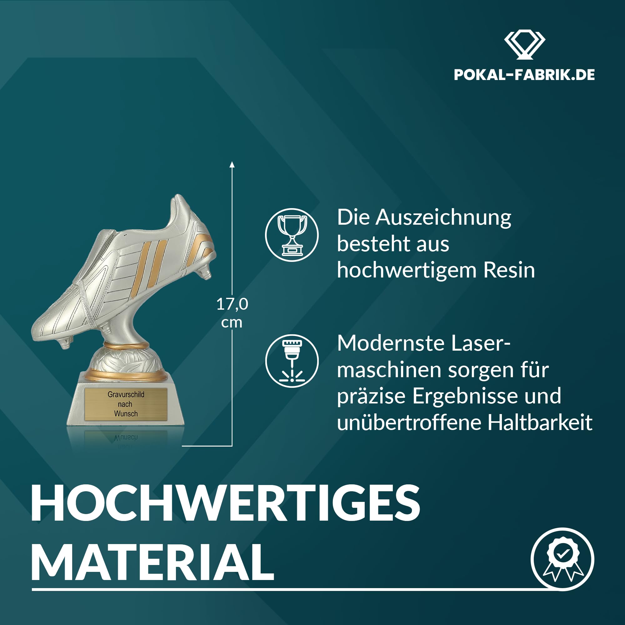 Pokal-Fabrik - Pokal mit Gravur Wunschtext - 17 cm Resin Gold/Silber Sportfigur Fussball-Schuh – Geschenk-Trophäe für Fußball WM, Sport Events & Wanderpokal - Torschütze