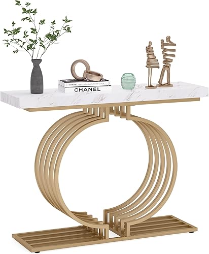 Mesa consola dorada de 40 pulgadas, mesa geométrica para sofá, mesa decorativa moderna para sala de estar, entrada, pasillo, mármol sintético blanco