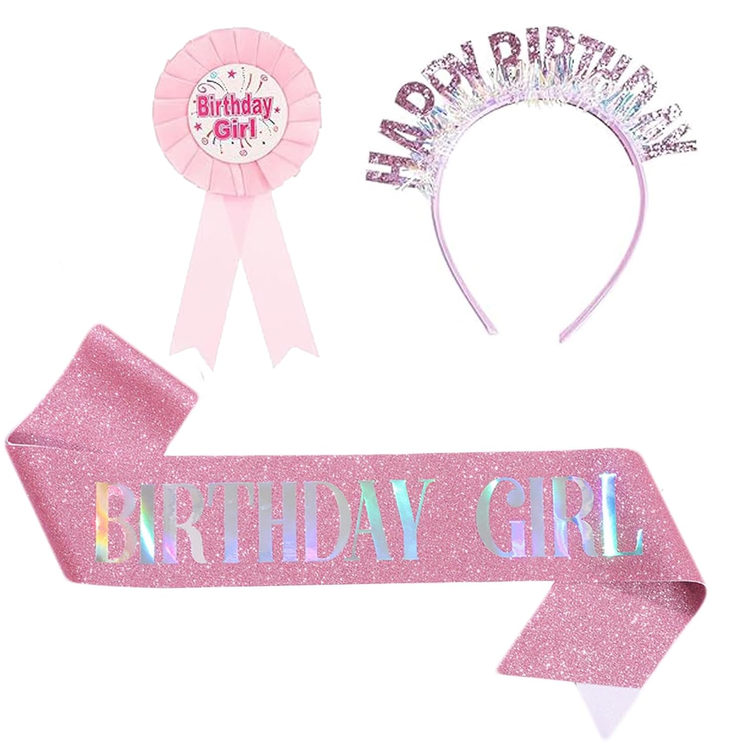 3 Pcs Girls Birthday Decorations, Pink Birthday Girl Headband, Sash & Badge, Pink Sparkling Crystal Headband, Birthday Girls Party Decorations Accessories for Women, Girl, Birth Party