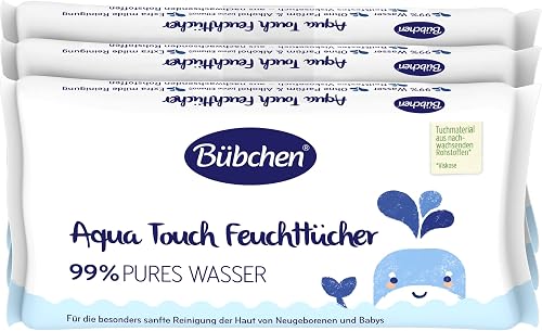Bübchen Aqua Touch Feuchttücher, 144 Stück (3 x 48) – sensitive Pflegetücher mit 99% purem Wasser, feuchte Tücher für Neugeborene und Babys