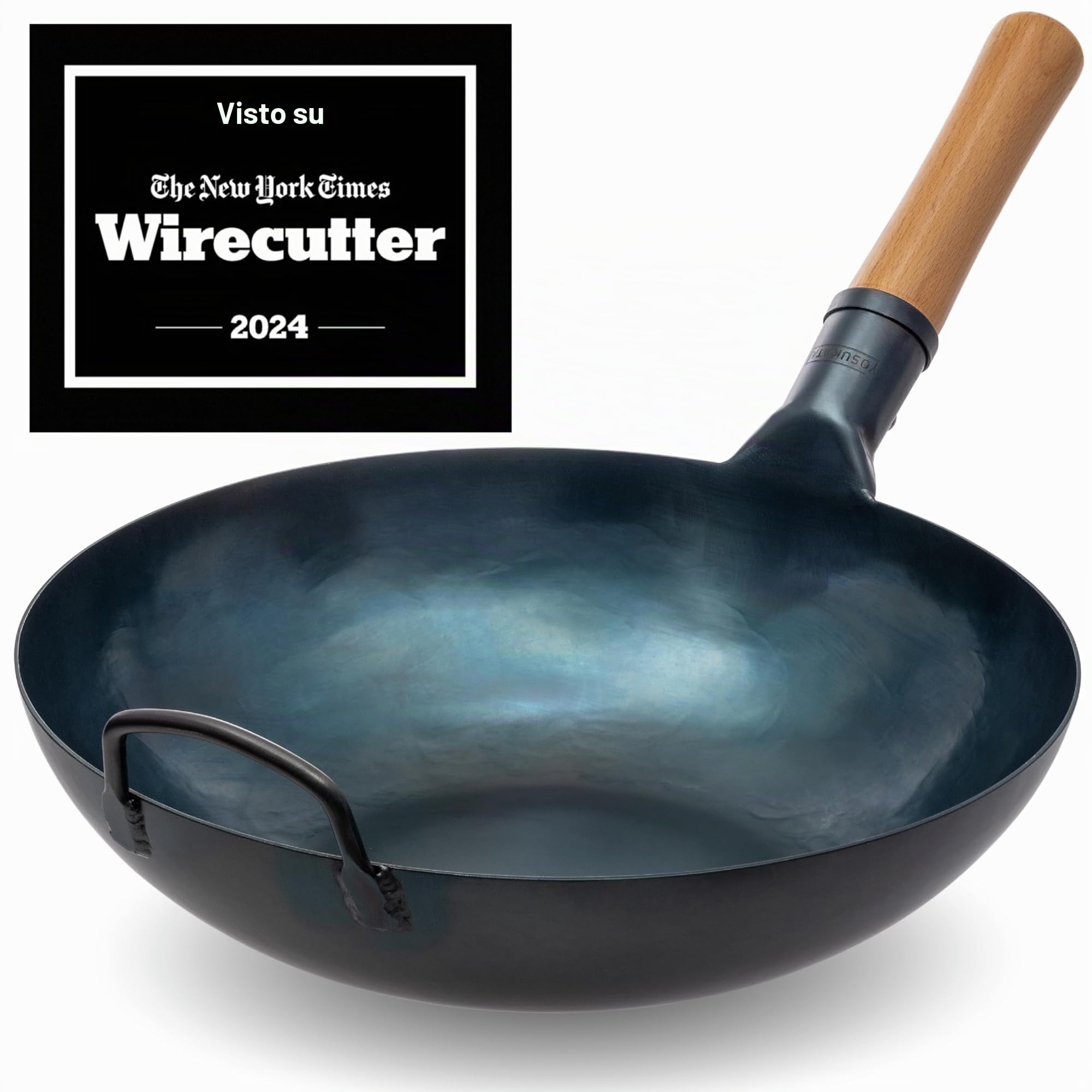 YOSUKATA Wok Padella Professionale 34 cm - Tradizionale Wok Acciaio al Carbonio Blu Fondo Piatto Precondizionato + Coperchio In Legno Per Wok 34 Cm