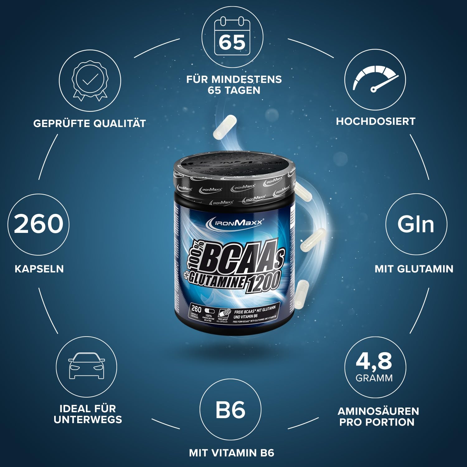 IronMaxx BCAA's + Glutamine - 1200 (260 Tricaps) | BCAA-Kapseln, zuckerfrei und frei von Konservierungsstoffen | Hochdosierte Aminosäurekapseln inklusive allen BCAAs und L-Glutamin