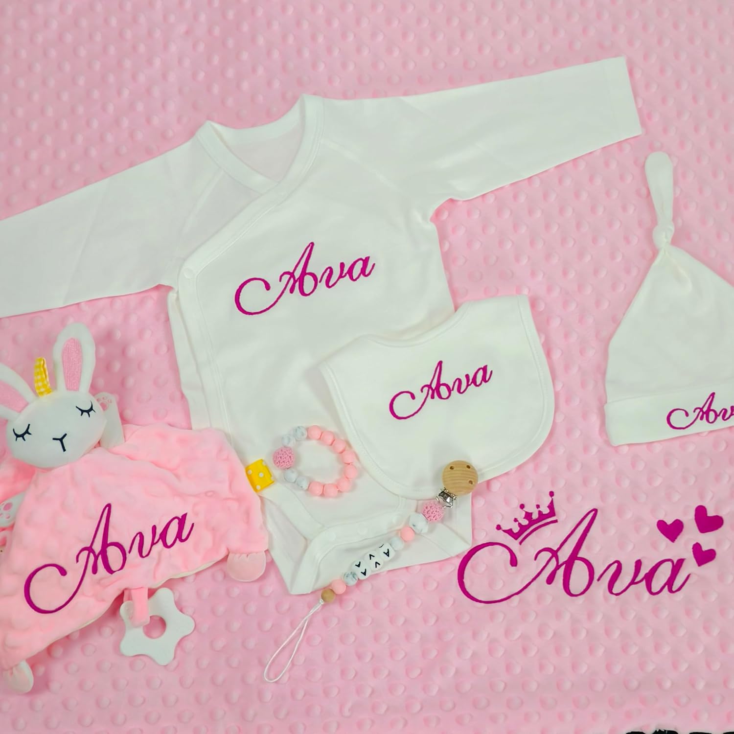 Personalized Newborn Baby Gift Sets, Customized Essential Stuff for Newborn Girl, Custom Embroidered Baby Blanket Onesie Hat Beanie Bib Pacifier Clip Security Blanket with Name-Pink