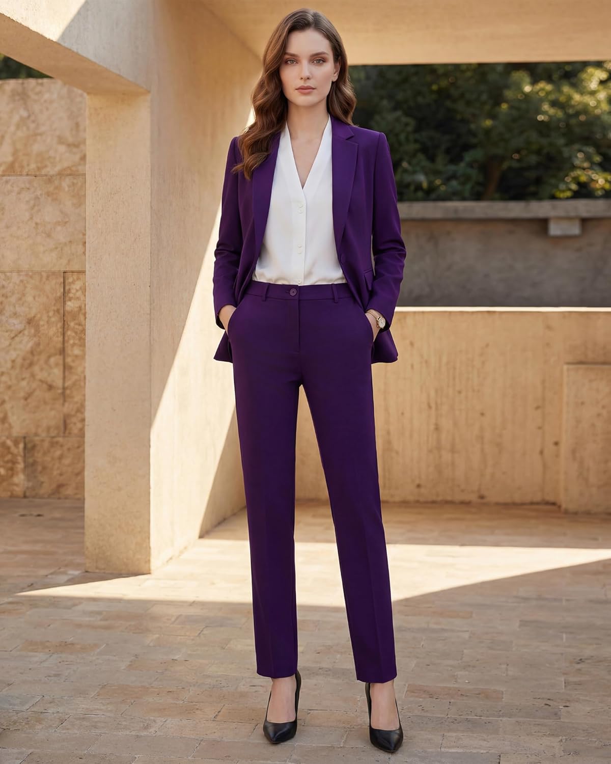 Women's Two Piece Pants Suits - Wrinkle-Free High End Business Dressy Formal Blazer Set - Professional Work Outfit