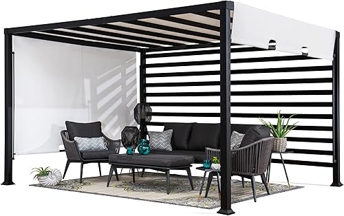 Sunjoy Maverick - Pérgola moderna de acero de 10 pies x 12 pies con pantalla ajustable blanca