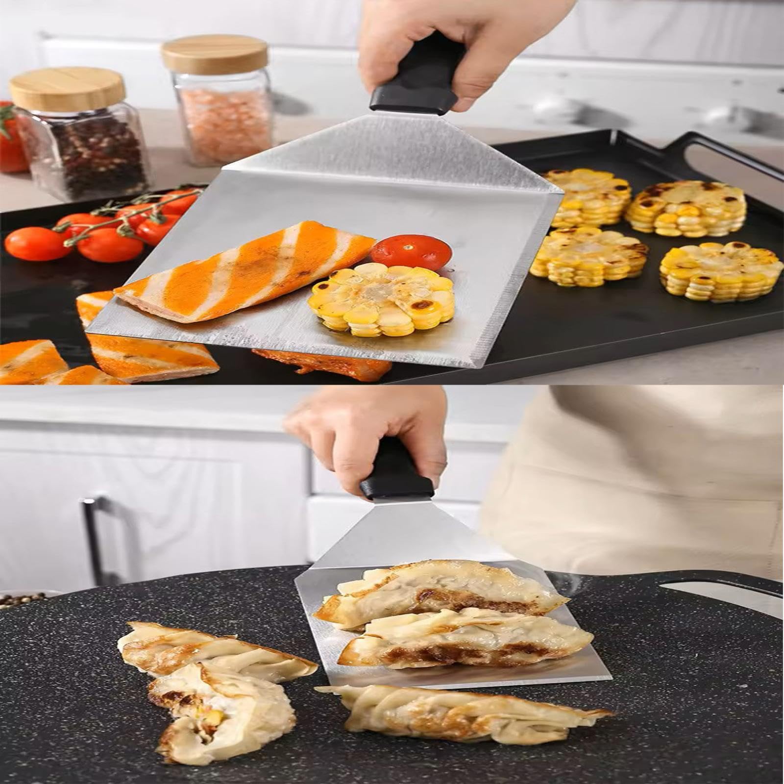 1 x BBQ-Pfannenwender, Holz-/Kunststoffgriff aus Edelstahl, Flache Oberseite, breite, abgeschrägte Kante, Grillaufsatz zum Pürieren von Hamburger-Steak-Pfannkuchen